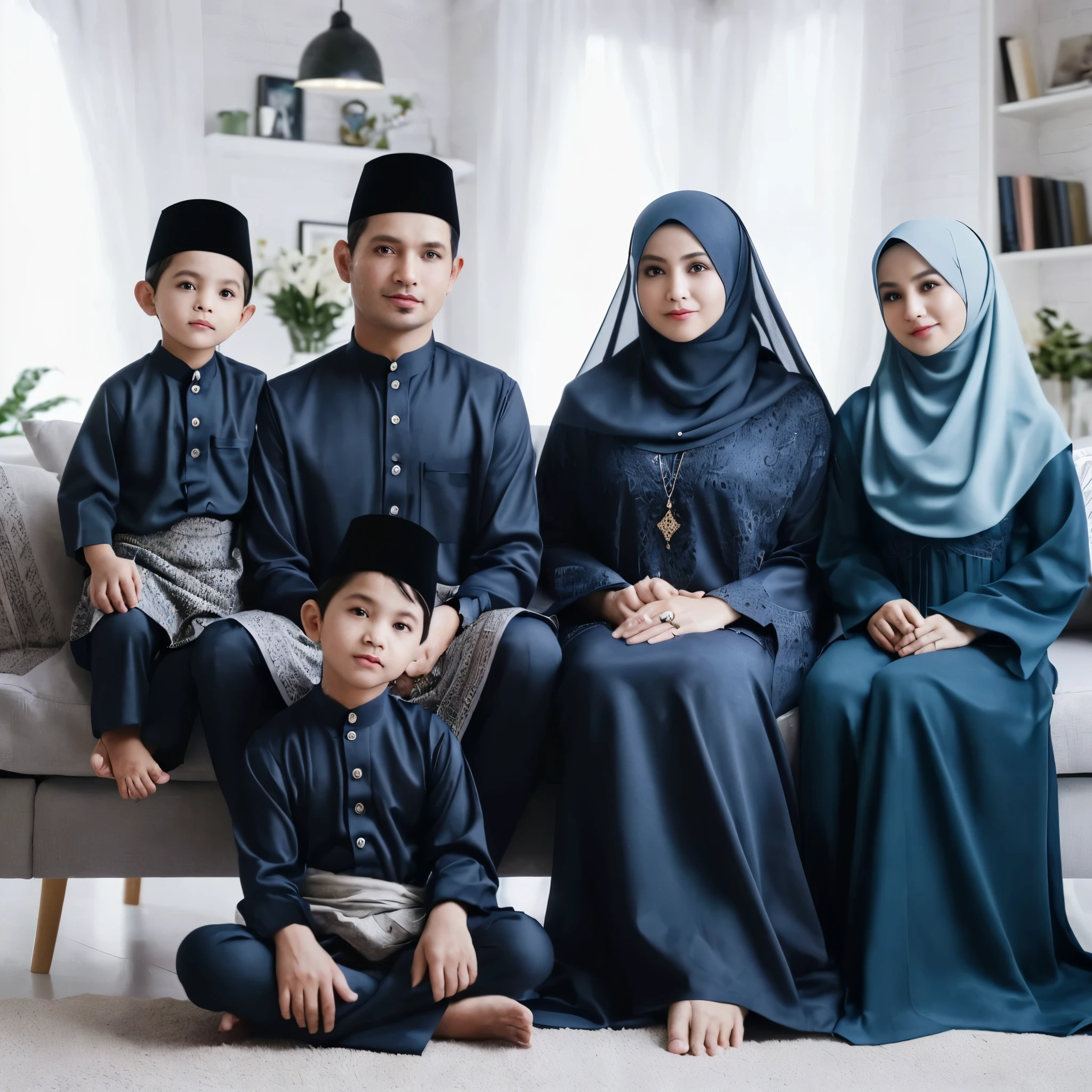 Family photo from Indonesia, five members. A pair of parents, both 50 years old, sitting on a sofa, holding their 3--old . One 6-year-oly ande 14-year-old gi, aressen typical Malay Muslim attire and long navy blue coordinated sharia robes with matching hijabs. The photo was taken in a bright living room in a studio, with white lighting, Islamic decorations, and a green flower vase. SUPER DETAIL, realistic, ultra HD, 16K