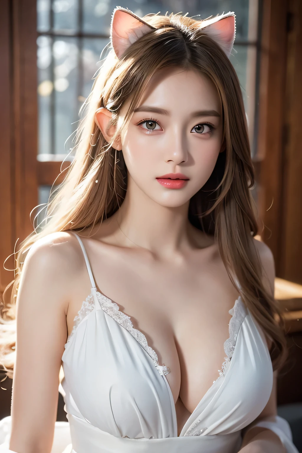 High-quality work,Realistic works,Super premium graphics,8K HD CG works,high quality graphics,High-definition and exquisite CG works,10x pixels,Ultra-fine details:1.1,Advanced technical details:1.1Realistic photo effects,Interior lighting effects:1.5,natural soft light:1.5. Light effect(Virtual light effects:1.8),ultra high resolution,shining dress,sliver long hair,silber hair,transparenthair,high detailed hair(Quality hair details:1.1)Clear eyes,Double eyelids look good,Sharp eye makeup, Create exquisite eyelash makeup, tthin eyebrows, Ultra-detailed eyes,a tall nose, lovely red lips, rosey cheeks, With delicate makeup on her face , pretty face, The face shape is perfectly proportioned,(Advanced facial details:1.1)One wearing a white dress、Close up of cat-eared woman, ethereal beauty, Stunning young and ethereal figure, huge breasts,bigger breasts,G cup,flowing white robe, flowing skirt, flowing magic robe, beautiful girl, Very beautiful elf top model, Beautiful digital art work, tall thin beautiful goddess, beautiful goddess, Beautiful fantasy girl, beautiful fantasy art, Smooth digital concept art, Smooth anime CG art,heavy snow,snow mountain,lake,white hair,Women's artwork,Dress full body video,Realism,Amazing Cleavage,My eyes are very bright today