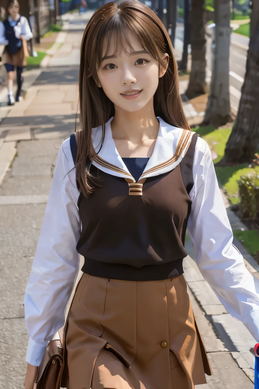 masterpiece, highest quality, Photoreal, Super detailed, finely, High resolution, 8k wallpaper, Professional, Advanced level of detail, ((One high school girl:1.2)), Slender Japanese women,, detailed clavicle, Medium chest、perfect face, (Front facing:1.2)、medium hair, chestnut hair、(school uniform:1.5)、(sailor suit:1.2)、(mini skirt:1.2)、cute face、(looking straight ahead:1.5)、(brown skin:1.5)、full body shot、(cute smile:1.5)