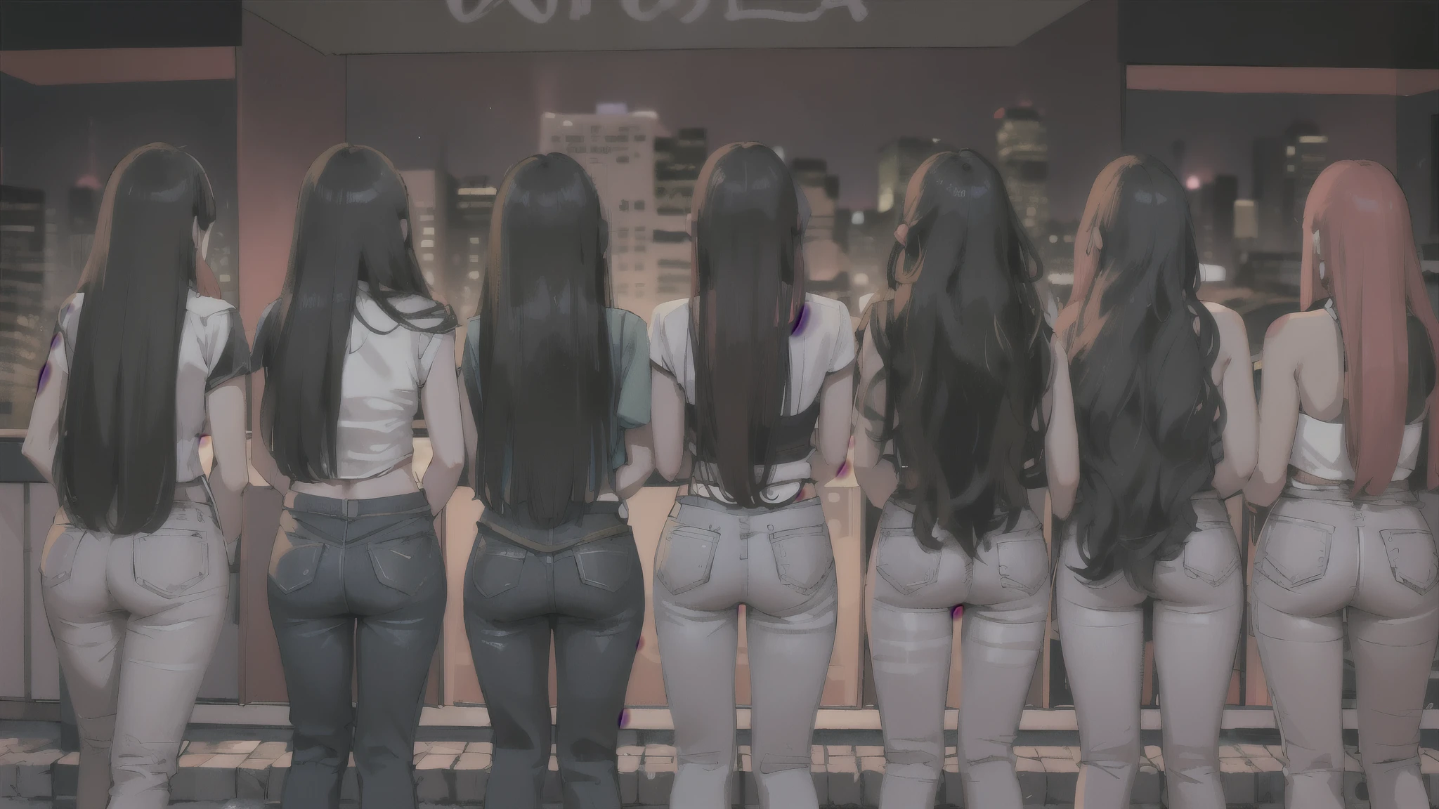 araffes of girls long hair standing on a ledge, long hair, 齐腰long hair, long hair直垂下来, Long straight hair, Long fine hair, long shot from behind, shot from behind, long hair女孩, Her hair is long and straight, puple hair, long hair, long black hair, She has her back to us