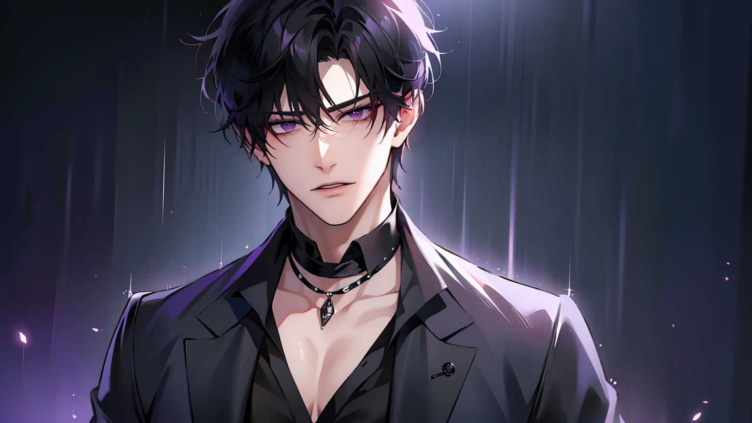 (masterpiece, 4k, high quality:1.3), 1boy, solo, short hair, black hair, asymmetrical fringe, purple eyes, handsome, sharp eyes, (mature male, mature:1.2), male focus, maroon button up shirt, black pants, necklace, muscles, starry background, close up