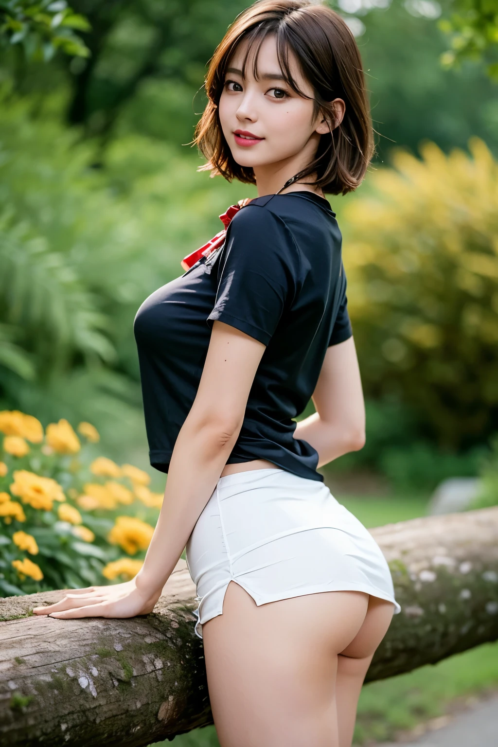 nsfw, 8K raw photo, Best quality, masterpiece, ultra high res, film grain, filmg, 1girl, looking at viewer, natural skin texture, realistic eye and face details, full lips, lipstick, (makeup), red eyeshadow, fluffy short hair, messy hair, smile, close mouth, beautiful legs, tall female, skinny, slim_legs, solo, enormous breast, cleavage, Pose with buttocks facing you, ultra short skirt, ass, shirt, beautiful nature location, around flower location, (detailed background), plaid skirt, white shirt, enormous breast, cleavage, Show a little cleavage through the shirt, loafers, blurry background, blurry, holding, plaid, short sleeves, jk ribbon on the neck, jk ribbon, brown hair, bracelet, water, bangs, , jewelry, parted lips, lips, from side, pleated skirt, depth of field