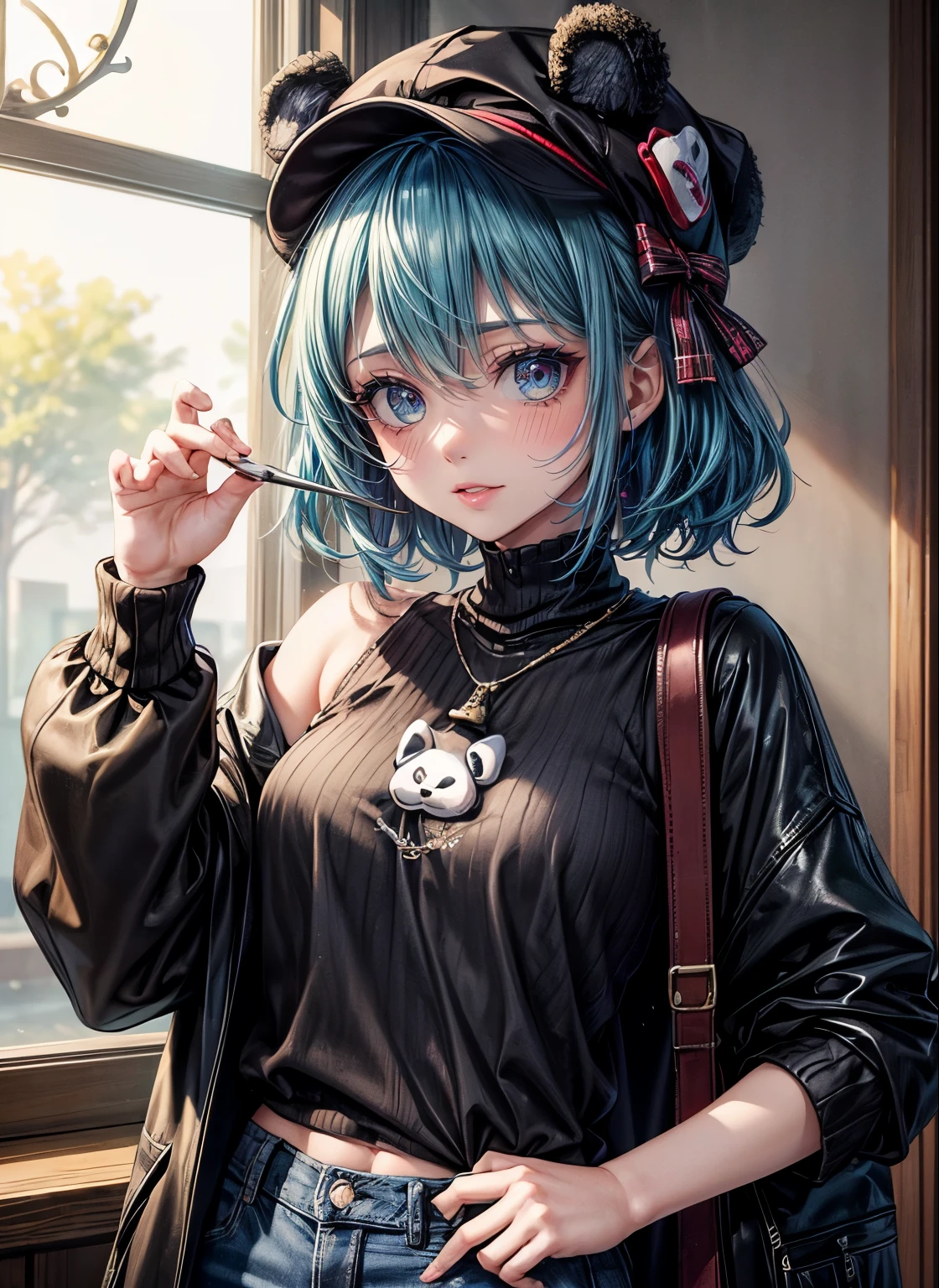 (masterpiece, sidelighting, finely detailed beautiful eyes: 1.2), (ultra-detailed, high-resolution: 1.2), beautiful girl, { color } { color } theme,
view and foot_focus, RebeccaPurple rainbow hair_bun style and DarkTurquoise print eye of older_sister wearing facepaint and lace-trimmed mixture of YellowGreen and PeachPuff of tuxedo or wearing SeaGreen of jeans, cat of ribbed_sweater and jester_cap or wearing panda ears and magatama_earrings , against_glass, sketching or carrying_over_shoulder, breaking, imitating,