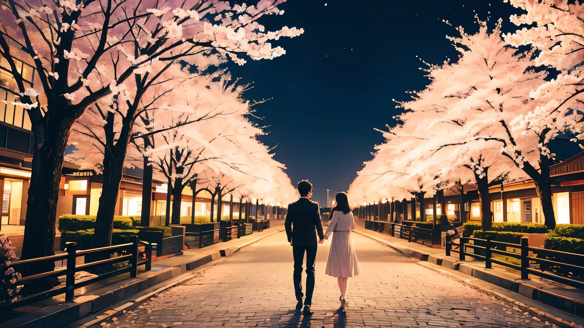take a walk、young couple、smile、Cherry blossoms at night