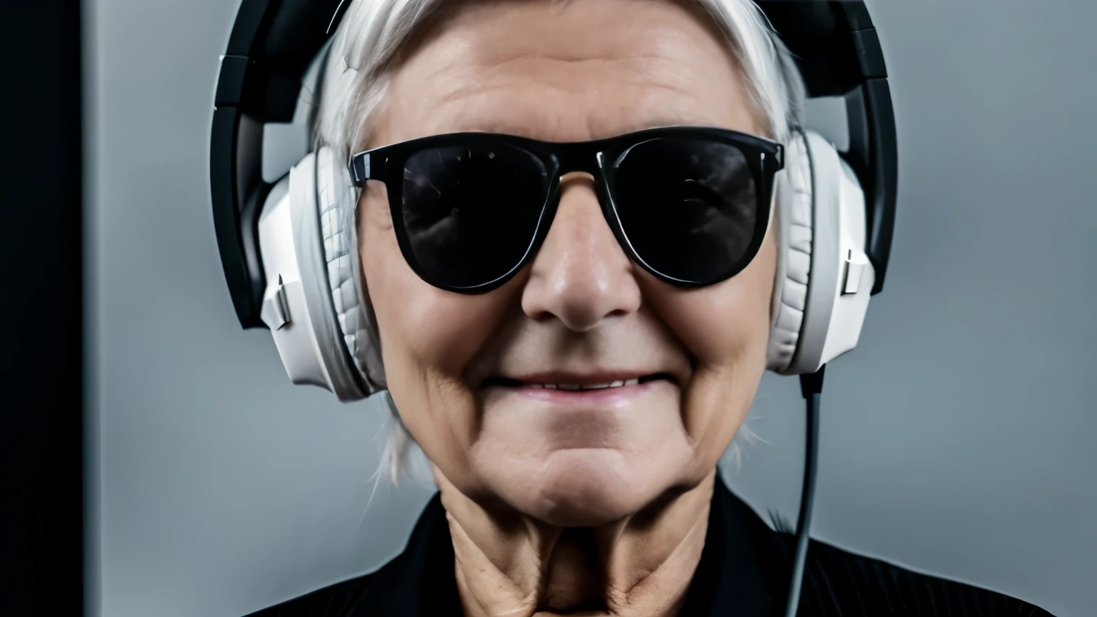 synthesizer,White-haired grandma,Wear headphones,The color is dark,background is black,abyss,With a touch of modern art,super high quality,8k,4k,