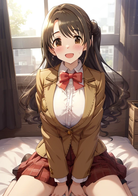 shimamura uzuki (Idol Master), (highest quality, 8K, masterpiece, Super detailed:1.2), (Lens flare, particles of light, shine), big breasts, smile, open your mouth, masterpiece, highest quality, Super detailed, High resolution, Very detailed CG, , red bow tie, blazer, brown jacket, long sleeve, plaid skirt, red skirt , ((NSFW)), perfect body,sexy, panty shot,((M-shaped spread legs)), (spread your legs),raise your legs, embarrassing:1.1), (blush:1.2), (orgasm:1.2), open your mouth, (shout:1.1), (moving line:1.1), Sweat, heavy breathing, Expansion Division, penis, sex, sex with men, {{amazon location}}, Bedroom, masterpiece, highest quality, Super detailed, High resolution, Very detailed CG, official art