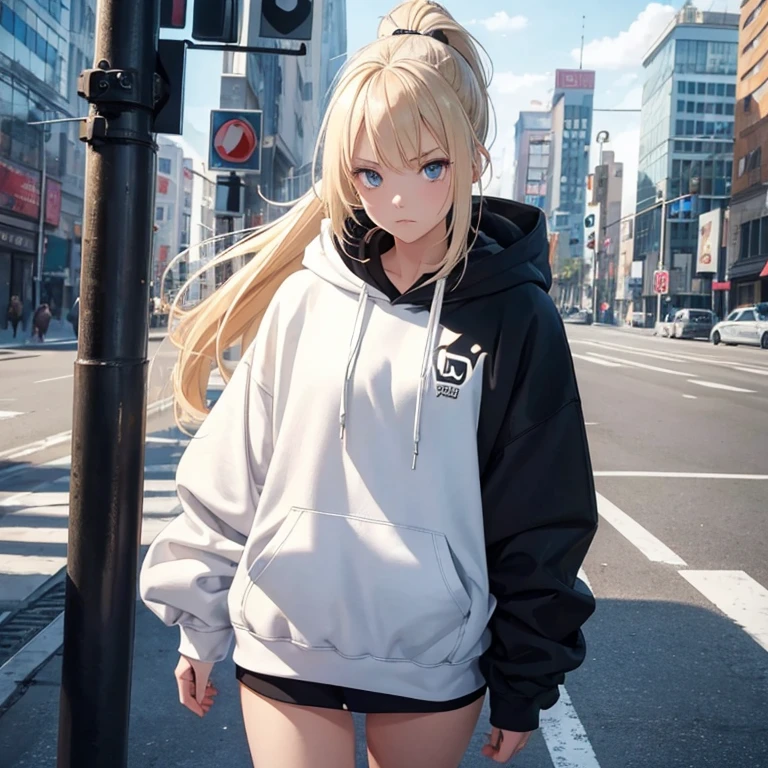 one girl, realistic face, Vagina, White sneakers, blonde hair, blue eyes(Looking down), ponytail, high quality full black hoodie, city streat, sad,standing tall, without pants, feet shoulder width apart, anime, Glossy skin 5.0, wide shot, The perspective is from the ground, masterpiece, anatomically correct, high details, high quality