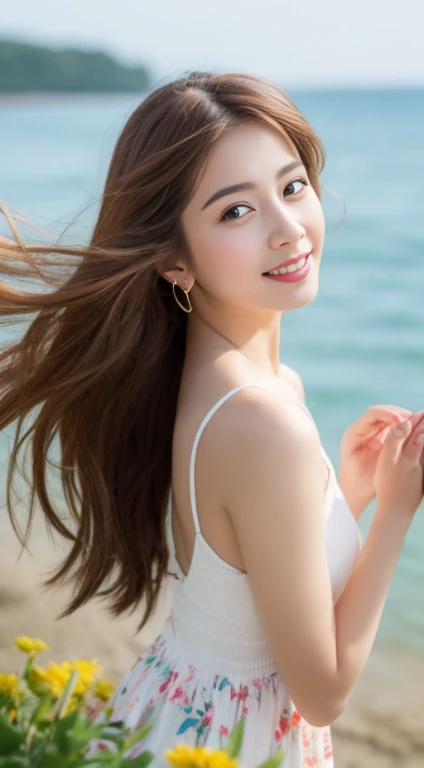 1 girl, hairpin, earrings, jewelry, brown hair, looking at the audience, lips, playful, Sit in front of the artboard, , thigh, whole body, In the sea of flowers or on the beach, She wore a long white dress, Slightly sideways, Hands stroke long hair, gentle eyes, Smile, As if enjoying the beauty of nature, Such photos will definitely make people feel her beautiful and innocent aura. The tone of the photo can be predominantly natural, Bright and soft, Makes people feel warm、peaceful. It seems to dance with its surroundings. Her breath is full of life and vitality, as if her whole body is venting the energy of youth. The whole picture becomes vivid because of her presence, Make people feel endless joy and vitality.