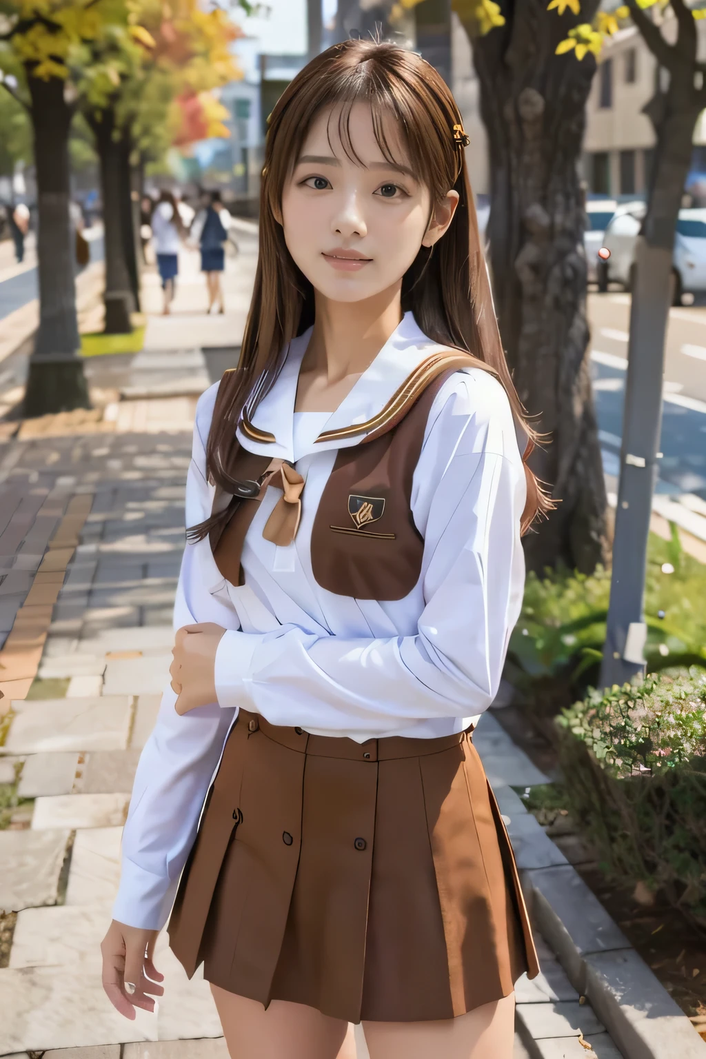 masterpiece, highest quality, Photoreal, Super detailed, finely, High resolution, 8k wallpaper, Professional, Advanced level of detail, ((One high school girl:1.2)), (Well-balanced body size:1.2)、Slender Japanese women,, detailed clavicle, Medium chest、perfect face, (Front facing:1.2)、medium hair, chestnut hair、(school uniform:1.5)、(sailor suit:1.2)、(mini skirt:1.2)、cute face、(looking straight ahead:1.5)、(brown skin:1.5)、full body shot、(cute smile:1.5)