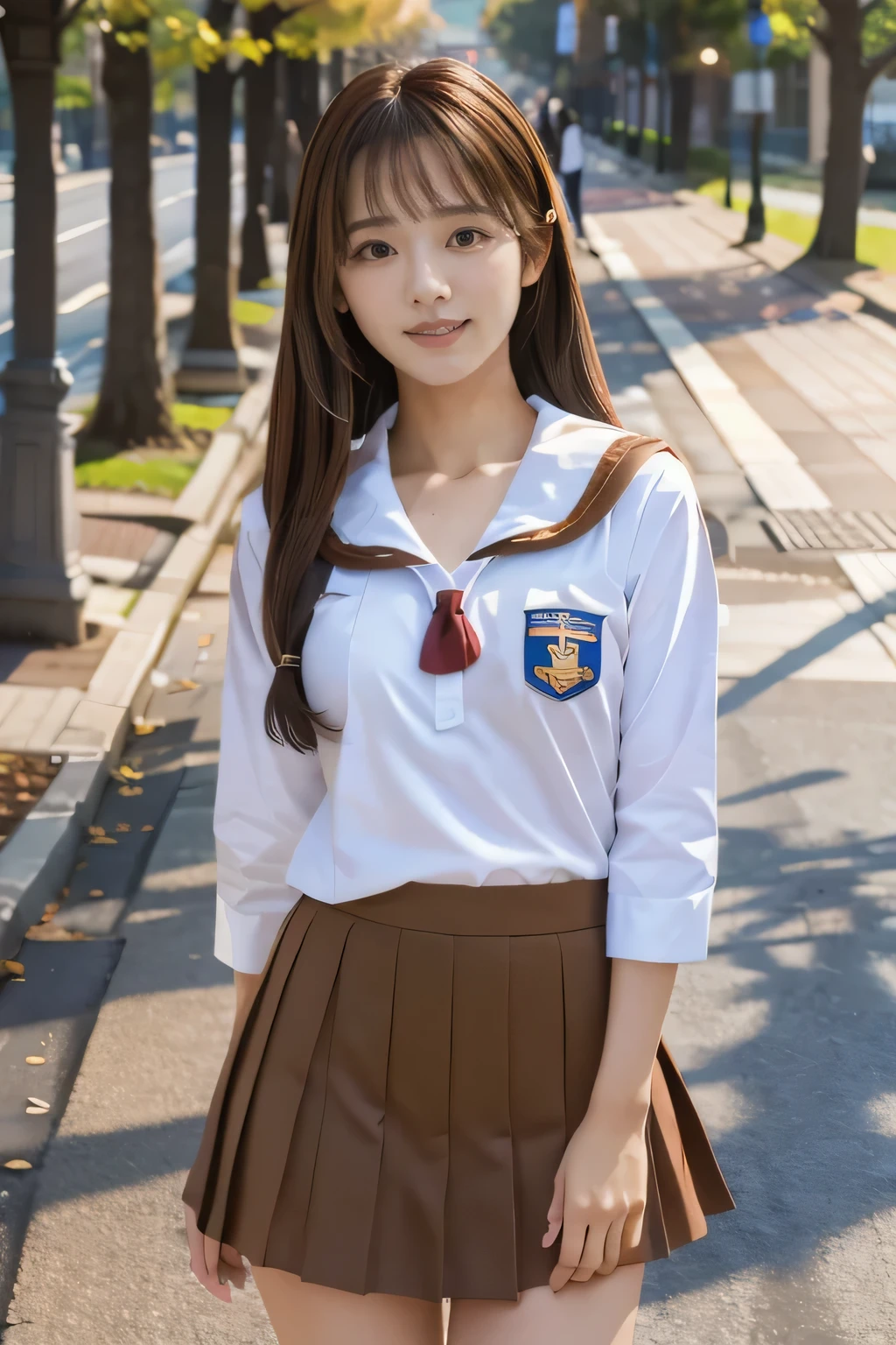 masterpiece, highest quality, Photoreal, Super detailed, finely, High resolution, 8k wallpaper, Professional, Advanced level of detail, ((One high school girl:1.2)), (Well-balanced body size:1.2)、Slender Japanese women,, detailed clavicle, Medium chest、perfect face, (Front facing:1.2)、medium hair, chestnut hair、(school uniform:1.5)、(sailor suit:1.2)、(mini skirt:1.2)、cute face、(looking straight ahead:1.5)、(brown skin:1.5)、full body shot、(cute smile:1.5)