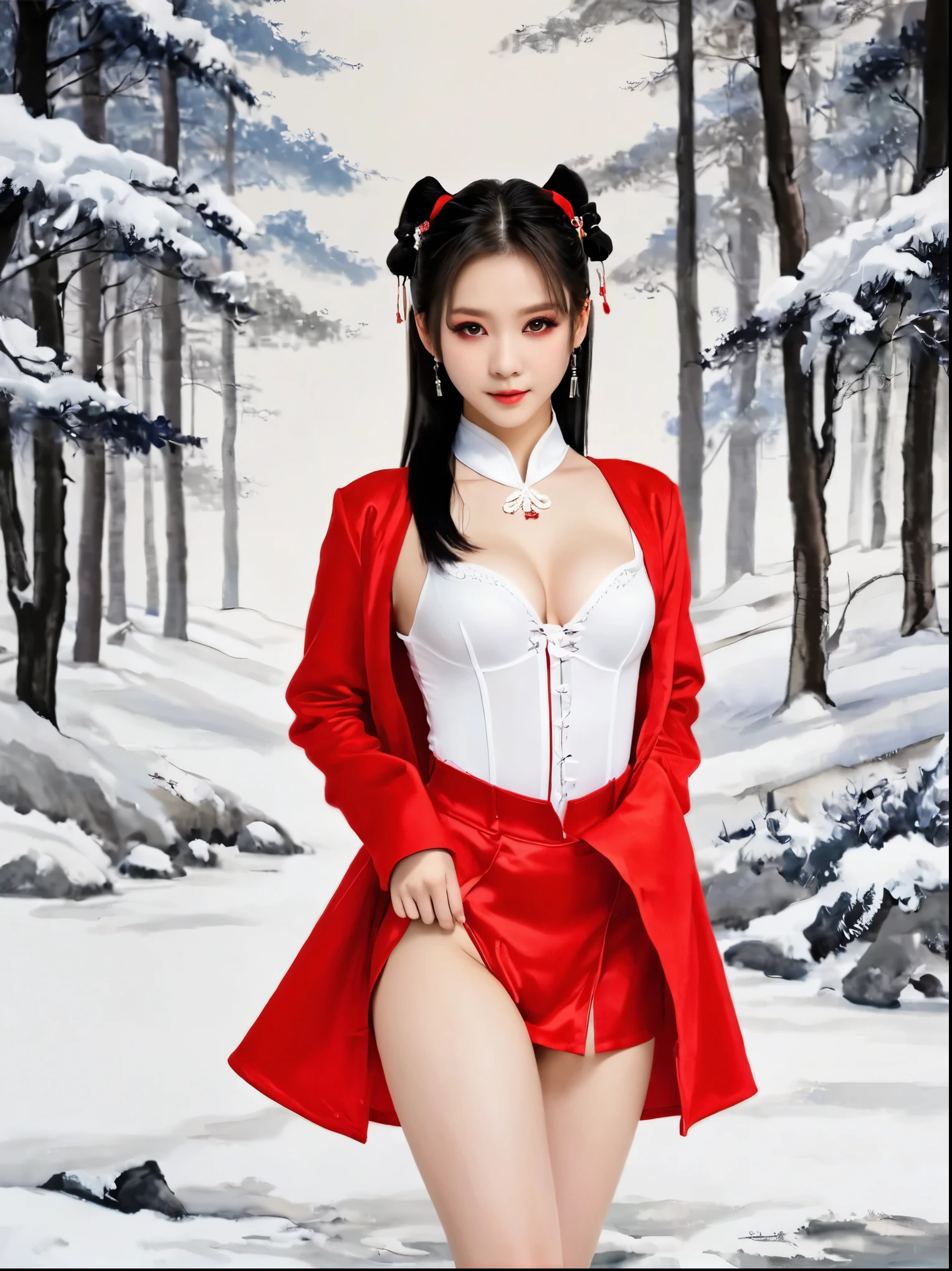 可爱ofGoblin,girl,1个girl,(((A bit,very smallof身体,very small))),(((15 years old))),((动漫Goblin 有极其可爱和美丽of辫子头发)),(((Goblin,Goblin耳朵))),(((Big breasts))),((((black hair:1.35,Double ponytail hair,Dyeing inner hair,ear breathing)))),(((red eyes:1.3))),complexof眼睛,美丽细节of眼睛,对称of眼睛,big eyes:1.5,(((光滑of皮肤:1.5,明亮of皮肤: 1.5,黝黑of皮肤,闪亮of皮肤,非常闪亮of皮肤,闪亮of身体,plastic glitter skin,夸张of闪亮皮肤,发光of皮肤))),(详细of身体,(详细of面部)), 可爱of,of,大胆of,zettai ryouiki, 暴露of服装,露出你of皮肤,(((性感of红色毛皮大衣,Red fur coat suit,Wearing a red fur coat:1.3,Red winter coat))), ((red miniskirt,带毛边ofred miniskirt,Visible suspenders)),(Trouser suspenders),(White gloves,red clothes,half naked,带一点red clothes,(((raw edge clothes)))),(((complexof服装,complexof衣服,Embroidered clothing,华丽of服装,embroidered clothes,华丽of衣服))),(dynamic poses:1.0),Awkward,(center,Suitable proportions,rule of thirds),((下雪of松林)),winter,landscape:1.25,((complexoflandscape)),((Snow forest background)), (光滑of冬季装饰品),high resolution,clear focus,(super detailed,Very detailed),(Realistic艺术作品:1.37),(Very detailedofCG unity 8k壁纸),(((明亮of颜色,充满活力of主题))),(complex),(masterpiece),(highest quality),Artistic images,(由sldr拍摄of照片),(complexof背景),完美渲染of面部,完美of面部细节,Realisticof面部,photorealistic,analog style,(((complexof细节))),(((Realistic))), (((camel toe, white leotard)))