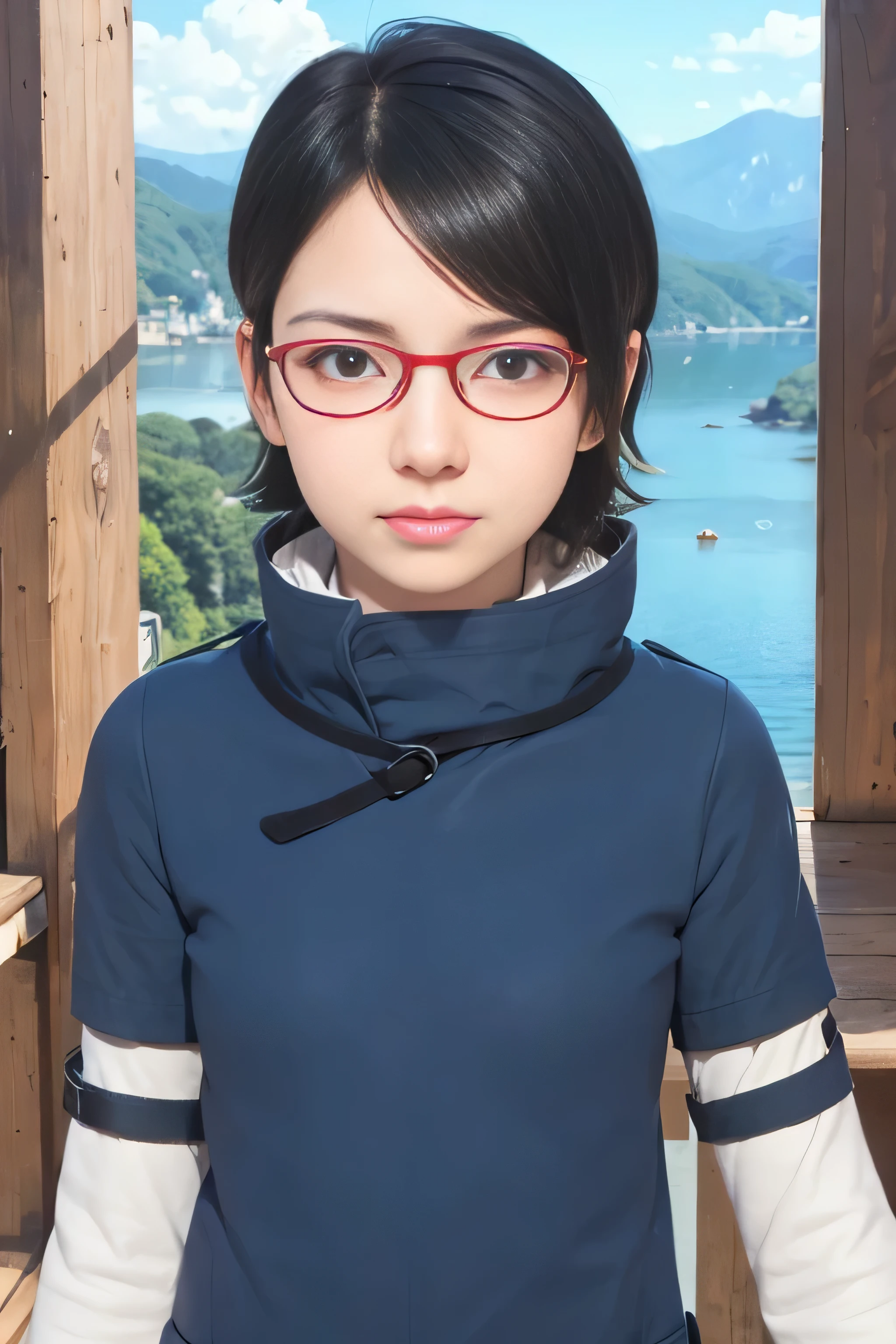 masterpiece, best quality, (realistic,photo-realistic:1.4), (RAW photo:1.2), extremely detailed CG unity 8k wallpaper, delicate and beautiful, amazing,finely detail, official art, absurdres, incredibly absurdres, huge filesize, ultra-detailed,extremely detailed eyes and face,light on face,sarada,(little smile),(black hair:1.4),(short hair:1.6),(wearing coat:1.5),window,(wearing red framed glasses:1.4),(small breast:1.3),short sleeve