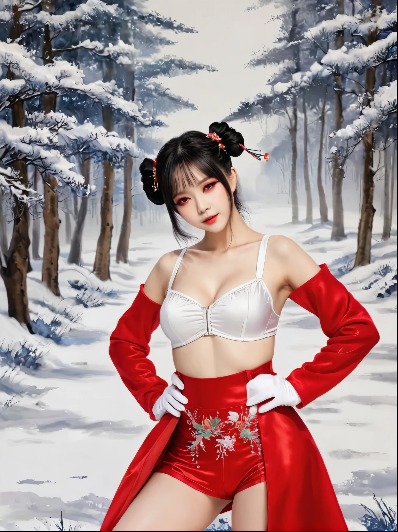 cute elf ,girl, 1girl,(((little ,tiny little body,small))),(((6 years old))),((anime elf with extremely cute and beautiful black hair)),(((elf, elf ears))), (((flat chest))),((((black hair:1.35,ponytail braid hair,colored inner hair,ear breathing)))),(((red_eyes:1.3))),intricate eyes,beautiful detailed eyes,symmetrical eyes,big eyes:1.5,(((lustrous skin:1.5,bright skin: 1.5,skin tanned,shiny skin,very shiny skin,shiny body,plastic glitter skin,exaggerated shiny skin,illuminated skin))),(detailed body,(detailed face)), cute,slutty,erotic,daring,nsfw, zettai ryouiki,revealing clothing,show skin,(((Sexy red fur coat, red fur coat outfit, wearing a red fur coat:1.3,red winter coat))), ((red mini-skirt,red mini skirt with furry edge,visible thong straps)),((underpants strap)),(white gloves,red clothes,semi-naked,with little red clothing,(((furry edge clothing)))),(((intricate outfit,intricate clothes,embroidered outfit,ornate outfit,embroidered clothes,ornate clothes))), (dynamic pose:1.0),embarrassed,(centered,scale to fit dimensions,Rule of thirds), ((snowy pine forest)),winter,scenery:1.25,((intricate scenery)),((snow forest background)), (Glossy winter ornaments),highres,sharp focus,(ultra detailed,extremely detailed),(photorealistic artwork:1.37),(extremely detailed CG unity 8k wallpaper),(((vibrant colors,vibrant theme))),(intricate),(masterpiece),(best quality),artistic photography,(photography taken by sldr),(intricate background),perfect rendered face,perfect face details,realistic face,photo realistic,analog style,((intricate detail)),(((realism))),


