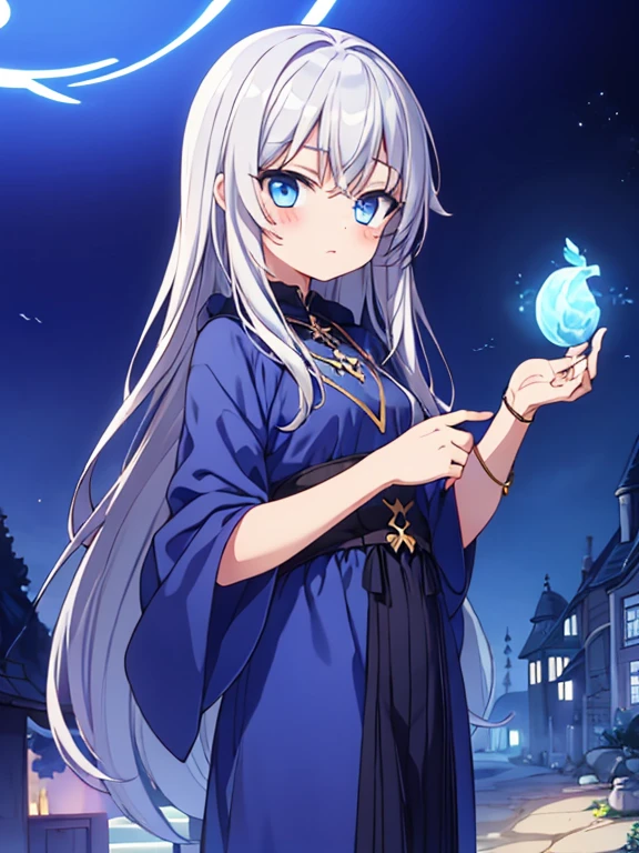 ultra cute young boy,light blue witch's clothes,silver hair,long loose hair,