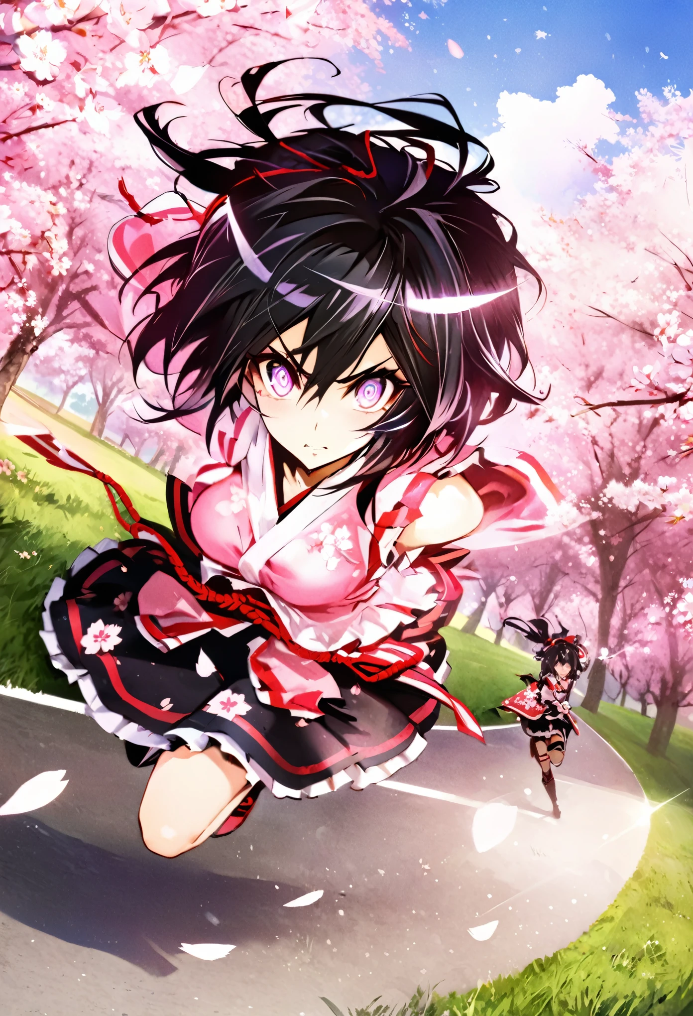 ((((masterpiece)))), best quality, very_high_resolution, large_filesize, full color, Uma Musume, Running on a racetrack with cherry blossoms in full bloom, A rival is reflected deep in those shining eyes, Feeling of running, path of light, shining sun light, Cherry blossom blizzard flutters, serious expression, Kitasan Black, Landscape angle, on the lawn