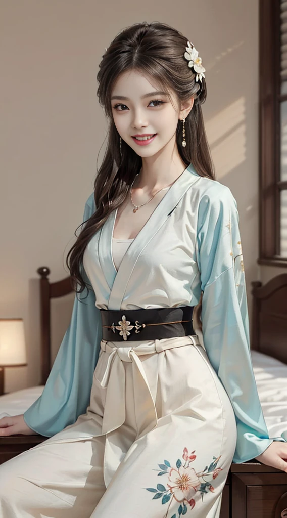 ((upper body)), ((Front Shooting)), ((realistic)), 1 Asian female model, A young girl, (Close up), (Being in the room, Sit Pose, Cross ed leg, Leaning against the dresser), Pleasing posture, Eye-catching poses, Detailed scenes, Coiled hair, Hairpins, Beautiful hair accessories, Brownish-yellow hair, light make-up, Blushlush, Gloss on lips, ((White floral Hanfu, high-waist, Nice belt)), ((warm lights, a warm color palette)), (Extremely high color saturation), Detailed details, Super detailed, (tmasterpiece, best qualtiy), (An extremely delicate and beautiful work), Delicate earrings, Delicate necklace, Simple blurred background, Extreme detail description, Ultra-fine painting, Delicate face, slim toned body, Slimming the waist, (grin, happy grin, Baring teeth), (anatomy correct)