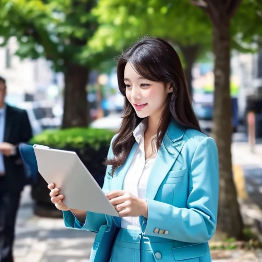 highest quality)), ((masterpiece)), (be familiar with), Perfect face, laptop under arm、Beauty in business suit outdoor Walking in the office district