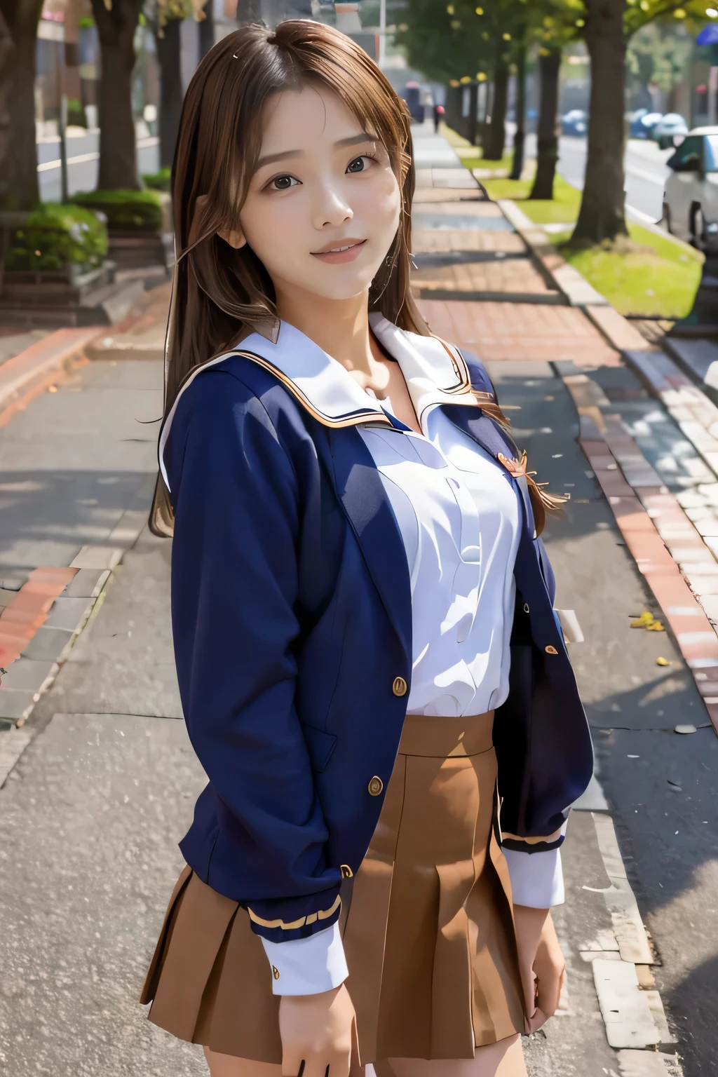 masterpiece, highest quality, Photoreal, Super detailed, finely, High resolution, 8k wallpaper, Professional, Advanced level of detail, ((One high school girl:1.2)), (Well-balanced body size:1.2)、Slender Japanese women,, detailed clavicle, Medium chest、perfect face, (Front facing:1.2)、medium hair, chestnut hair、(school uniform:1.5)、(sailor suit:1.2)、(mini skirt:1.2)、cute face、(looking straight ahead:1.5)、(brown skin:1.5)、full body shot、(cute smile:1.5)