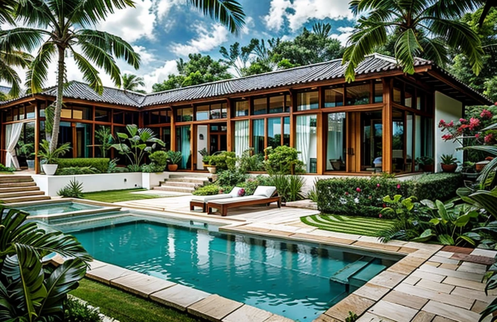 photography, tropical villa, white stucco walls, gable tiled roof, wood column supports, upper level balcony, lush greenery, potted plants, open veranda, overcast sky, wide shot, natural daylight   