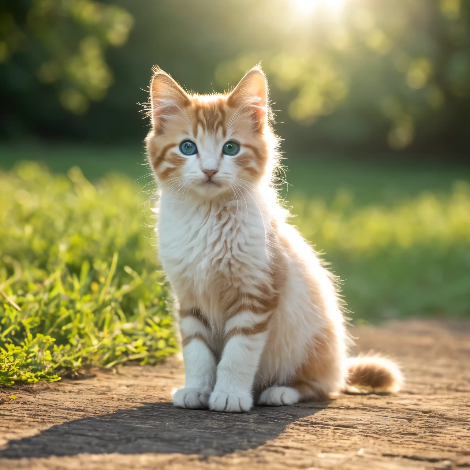 (best quality,4k,highres,masterpiece:1.2),cute kitten,basking in the sun,green meadow,wildflowers,watercolor,soft lighting,colorful,playful expression,vibrant colors,tiny paws,fluffy fur,mischievous eyes,sunlight streaming through trees,peaceful atmosphere,laid-back pose,gentle breeze,harmony with nature