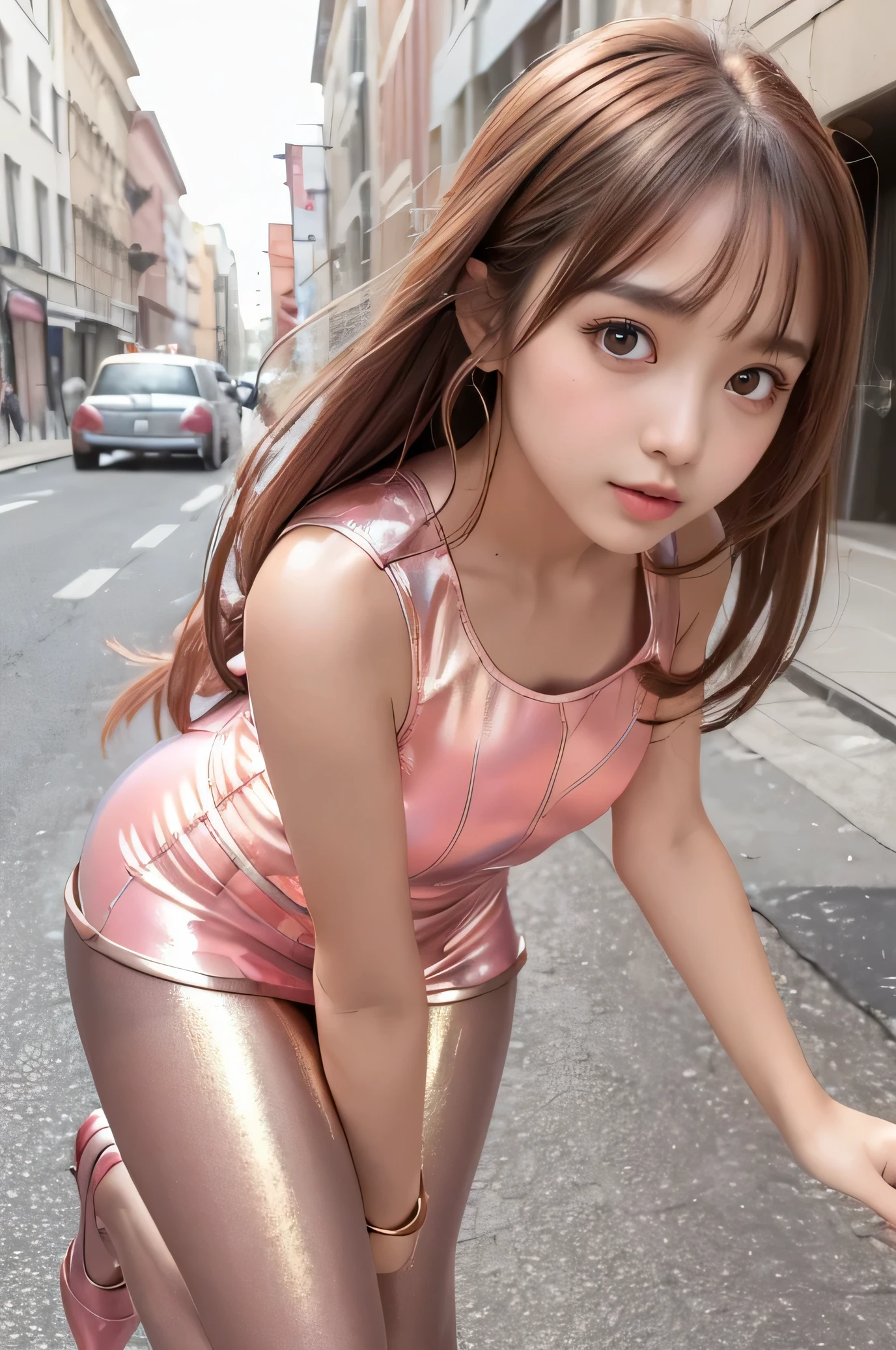 Angelic Very beautiful cute girl,,
Beautiful detailed eyes, 
Detailed double eyelids,
(Large eyes:1.4),
Long straight brown hair, 
see-through bangs,
Sharp Focus,small straight nose,
beautiful detailed face and eyes, 
drooping eyes,
(Soft Saturation: 1.3), (Fair skin: 1.2),BREAK  (Super Shiny metallic coral pink one-piece mini skirt:1.5),
(Super shiny pantyhose:1.4) ,(costume with strong refrective surfaces:1.5), Walking,
Costume lighting,
In the street ,
(Brown hair:1.3)