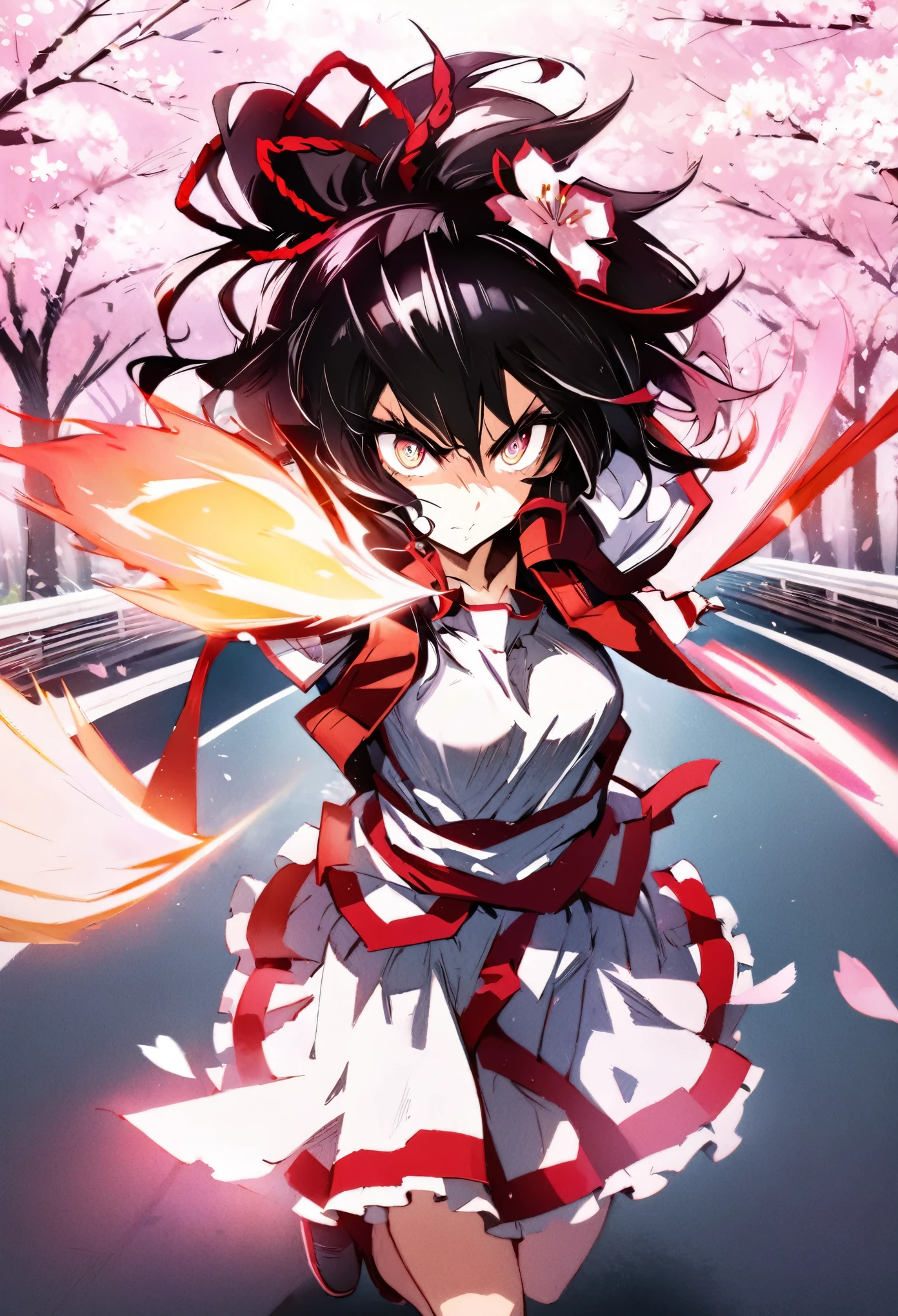 ((((masterpiece)))), best quality, very_high_resolution, large_filesize, full color, Uma Musume, Running on a racetrack with cherry blossoms in full bloom, A rival is reflected deep in those shining eyes, Feeling of running, path of light, shining sun light, Cherry blossom blizzard flutters, serious expression, Kitasan Black