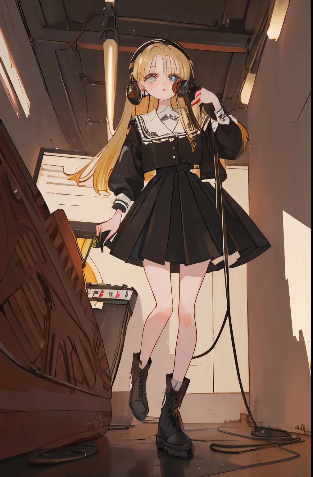 ((1girl)), ((cinematic light)), colorful, hyper detail, dramatic light, intricate details, best quality, (extremely detailed CG unity 8k wallpaper, masterpiece, best quality, ultra-detailed, best shadow), (detailed background:1.4), (beautiful detailed face, beautiful detailed eyes), High contrast, (best illumination, an extremely delicate and beautiful),(girl:1.5), solo, black skirt, brown eyes, electric guitar, guitar, headphones, holding, holding plectrum, instrument, long hair, music, one side up, blonde, playing guitar, indoors ((caustic)), dynamic angle,beautiful detailed glow,full body, cowboy shot,