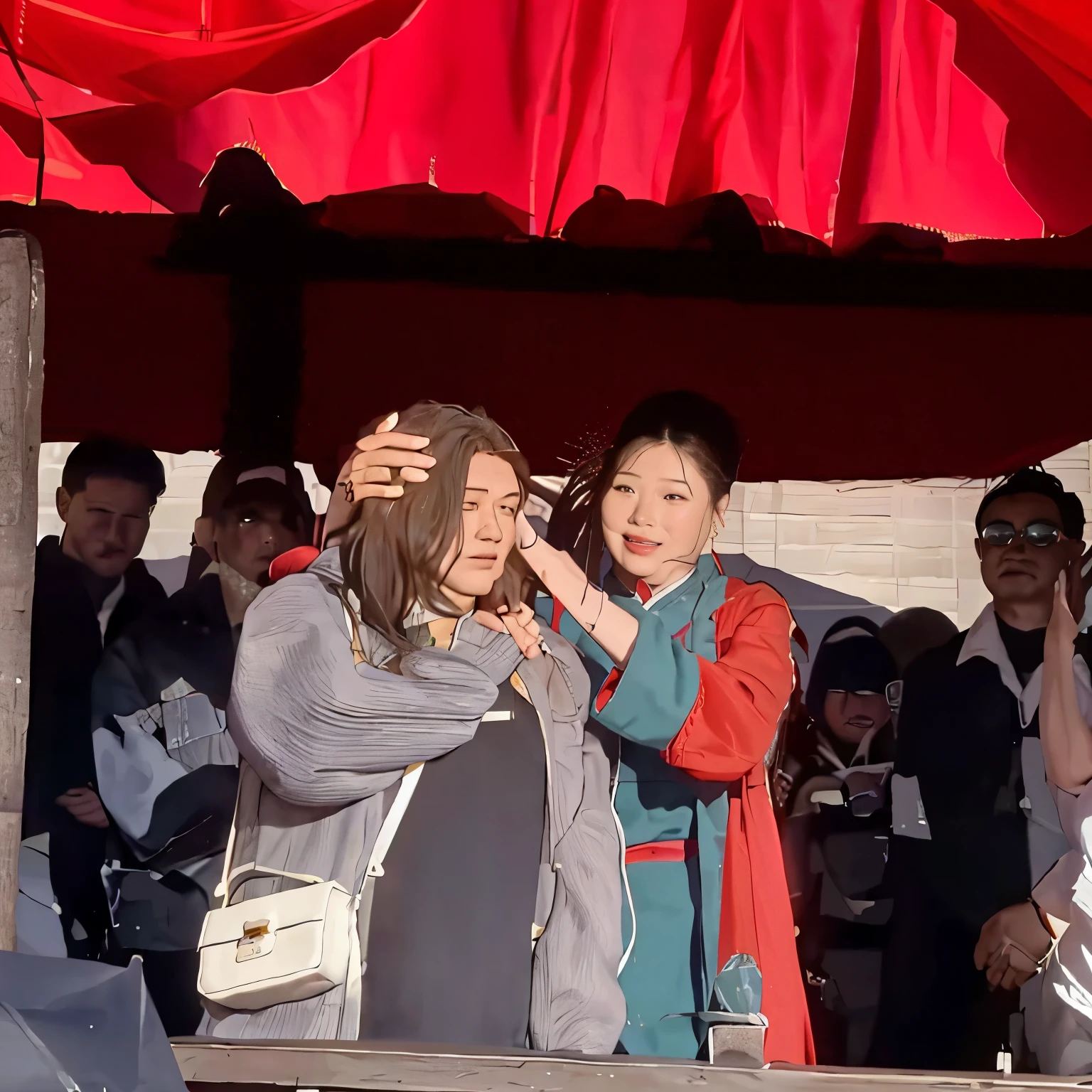 people are standing around a red tent with a woman combing her hair, lady, master, youtube video screenshot, woman holding another woman, trending ，, Chiba Yudai, 4 0 9 6, family, festival, chinese woman, trailer, Hungry Ghost Festival, live, 4 8 0 p, 480p