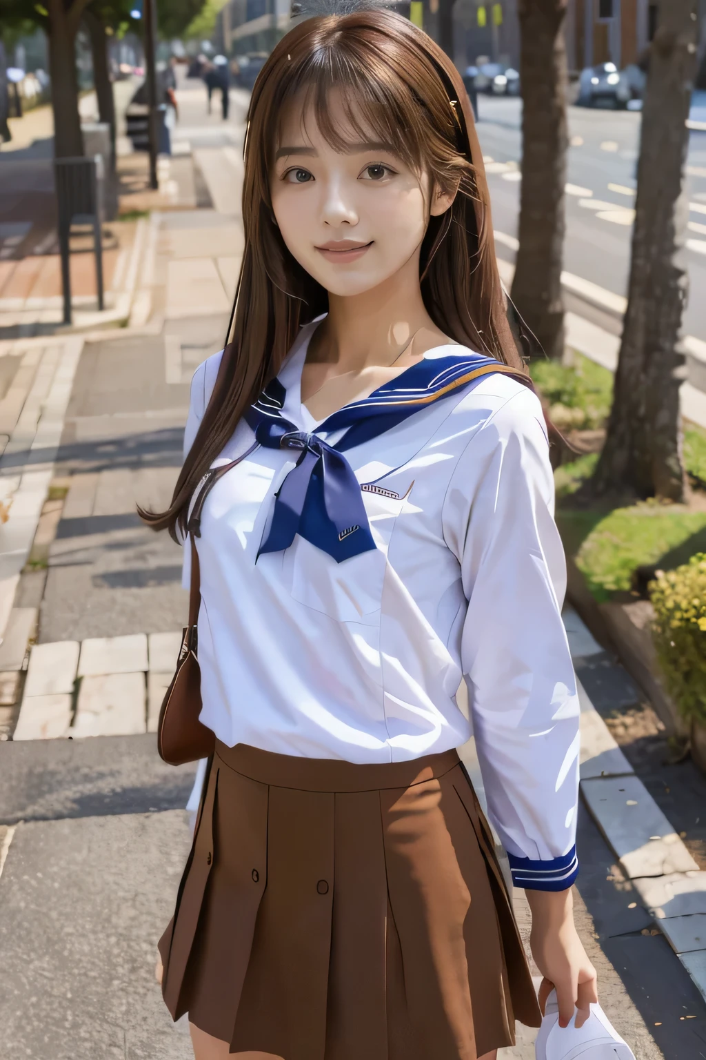 masterpiece, highest quality, Photoreal, Super detailed, finely, High resolution, 8k wallpaper, Professional, Advanced level of detail, ((One high school girl:1.2)), (Well-balanced body size:1.2)、Slender Japanese women,, detailed clavicle, Medium chest、perfect face, (Front facing:1.2)、medium hair, chestnut hair、(school uniform:1.5)、(navy blue sailor suit:1.2)、(mini skirt:1.2)、cute face、(looking straight ahead:1.5)、(brown skin:1.5)、full body shot、(cute smile:1.5)