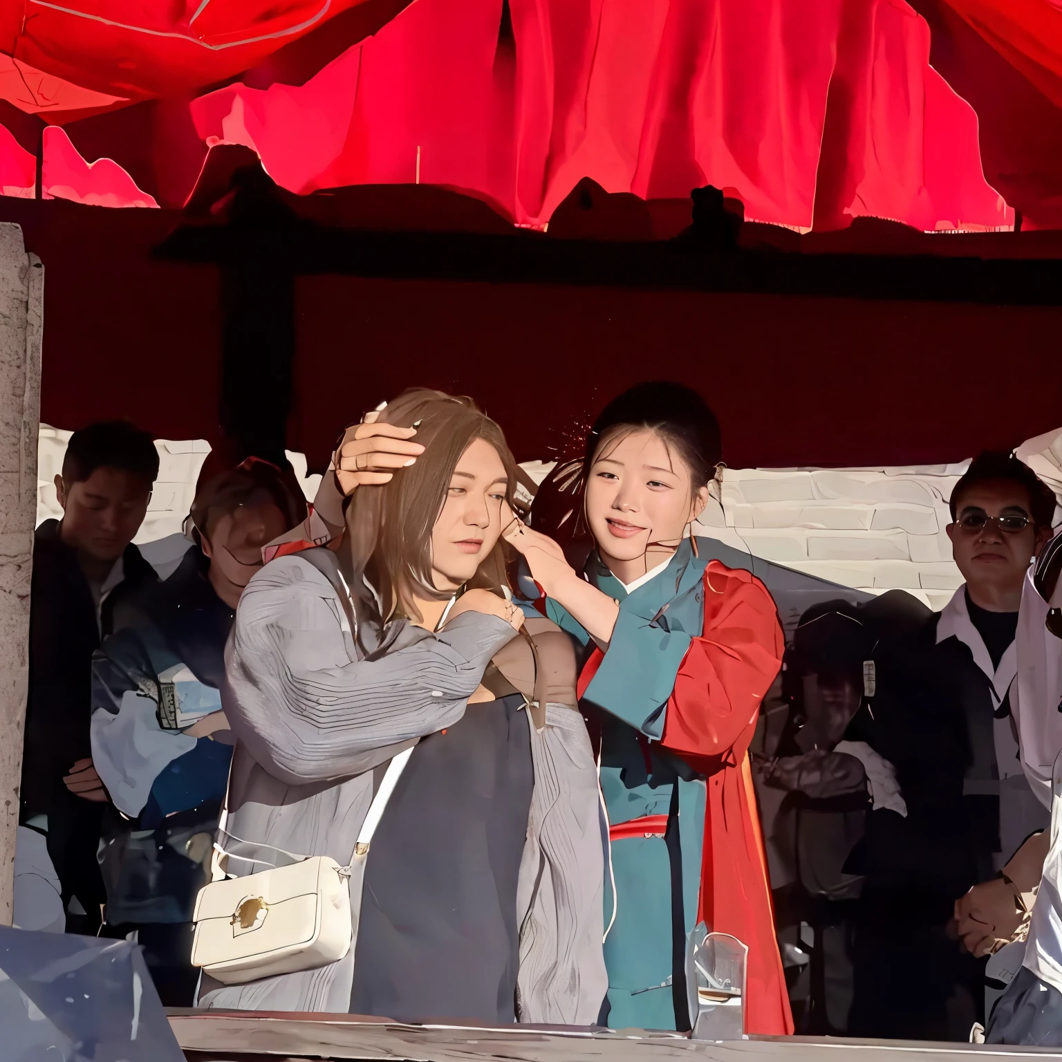 people are standing around a red tent with a woman combing her hair, lady, master, youtube video screenshot, woman holding another woman, trending ,, Chiba Yudai, 4 0 9 6, family, festival, chinese woman, trailer, Hungry Ghost Festival, live, 4 8 0 p, 480p