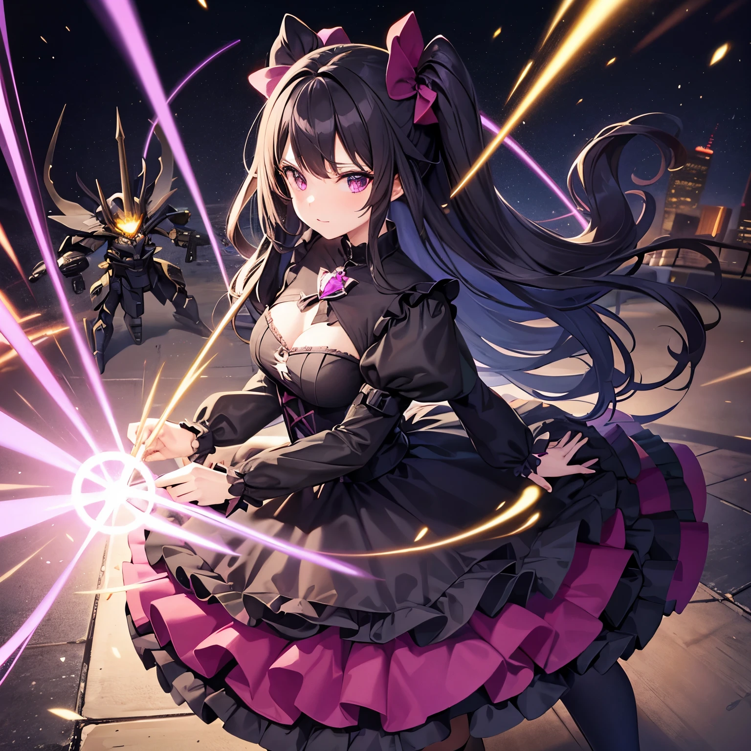kawaii dark magical girl wearing dark lolita dress, hold magic wand ,battle, two people, girl vs. large robot, 
