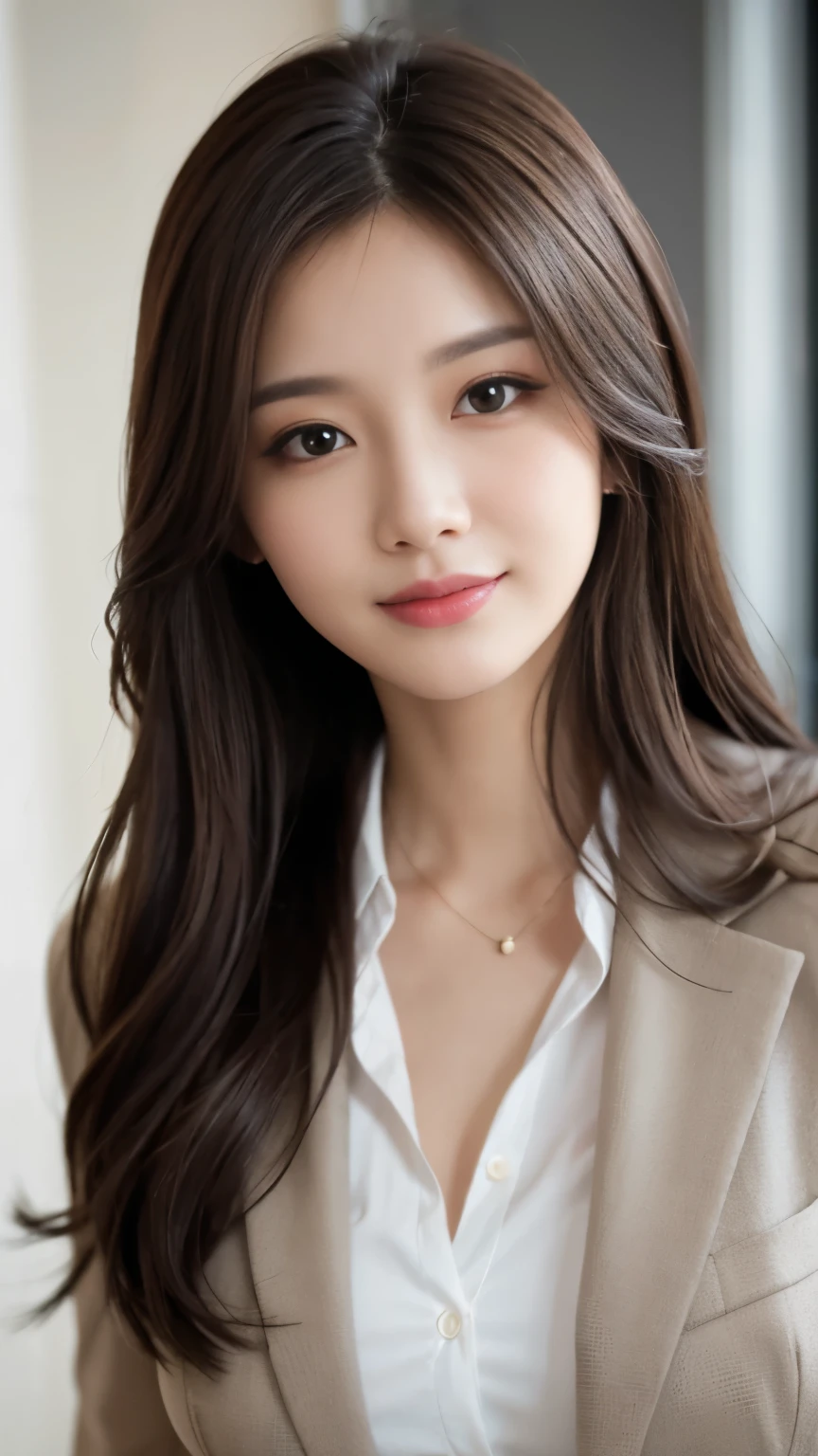 table top, highest quality, realistic, Super detailed, finely, High resolution, 8k wallpaper, 1 beautiful woman,, light brown messy hair, wearing a business suit, sharp focus, perfect dynamic composition, detailed and beautiful eyes, fine hair, Detailed and realistic skin texture, smile, close-up portrait, model body shape