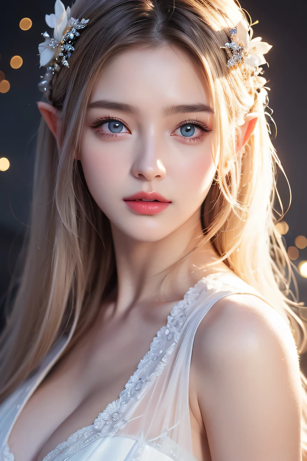 High-quality work,Realistic works,Super premium graphics,8K HD CG works,high quality graphics,High-definition and exquisite CG works,10x pixels,Ultra-fine details:1.1,Advanced technical details:1.1Realistic photo effects,Interior lighting effects:1.5,natural soft light:1.5. Light effect(Virtual light effects:1.8),ultra high resolution,shining dress,sliver long hair,silber hair,transparenthair,high detailed hair(Quality hair details:1.1)Clear eyes,Double eyelids look good,Sharp eye makeup, Create exquisite eyelash makeup, tthin eyebrows, Ultra-detailed eyes,a tall nose, lovely red lips, rosey cheeks, With delicate makeup on her face , pretty face, The face shape is perfectly proportioned,(Advanced facial details:1.1)One wearing a white dress、Close up of cat-eared woman, ethereal beauty, Stunning young and ethereal figure, huge breasts,bigger breasts,G cup,flowing white robe, flowing skirt, flowing magic robe, beautiful girl, Very beautiful elf top model, Beautiful digital art work, tall thin beautiful goddess, beautiful goddess, Beautiful fantasy girl, beautiful fantasy art, Smooth digital concept art, Smooth anime CG art,heavy snow,snow mountain,lake,white hair,Women's artwork,Dress full body video,Realism,Amazing Cleavage,My eyes are very bright today