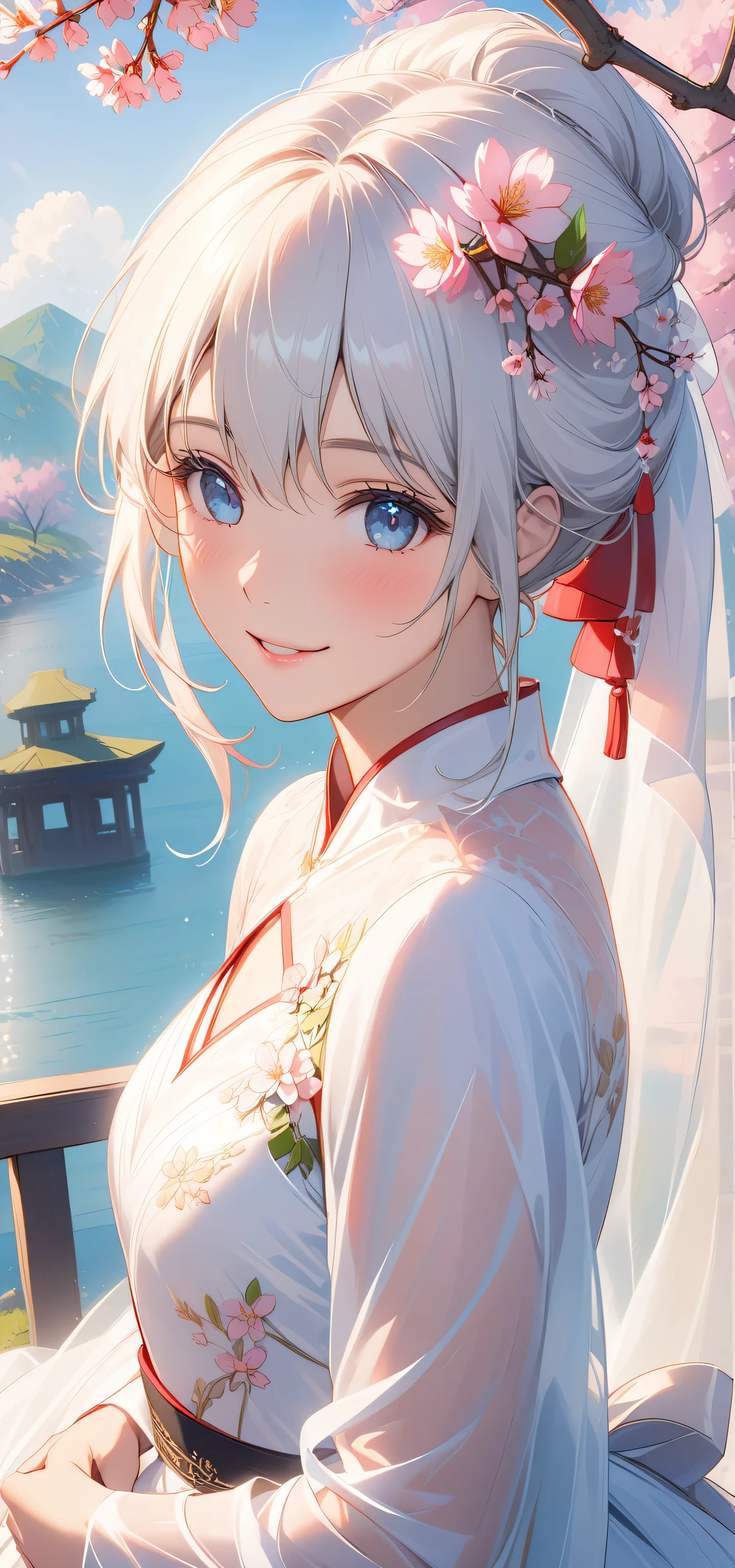 masterpiece, top quality, Super details, 8K, Detail lights, Detailed shadows, raw, (delicate skin), (real: 1.2),, 1 girl, white hair, Wedding dress,Eye close-up,Cherry blossoms,flat chest,Smile,Positive face,Face the screen