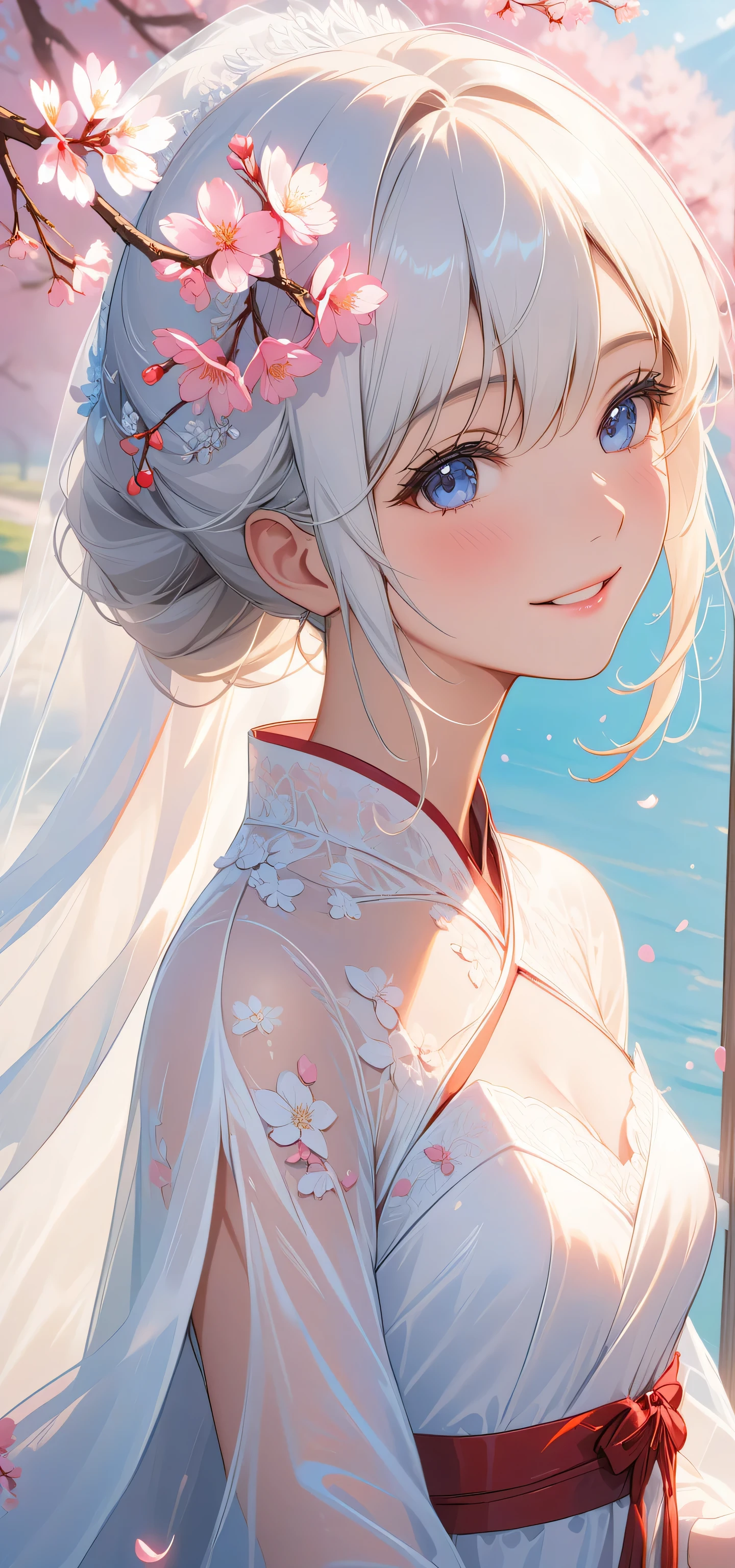 masterpiece, top quality, Super details, 8K, Detail lights, Detailed shadows, raw, (delicate skin), (real: 1.2),, 1 girl, white hair, Wedding dress,Eye close-up,Cherry blossoms,flat chest,Smile,Positive face,Face the screen