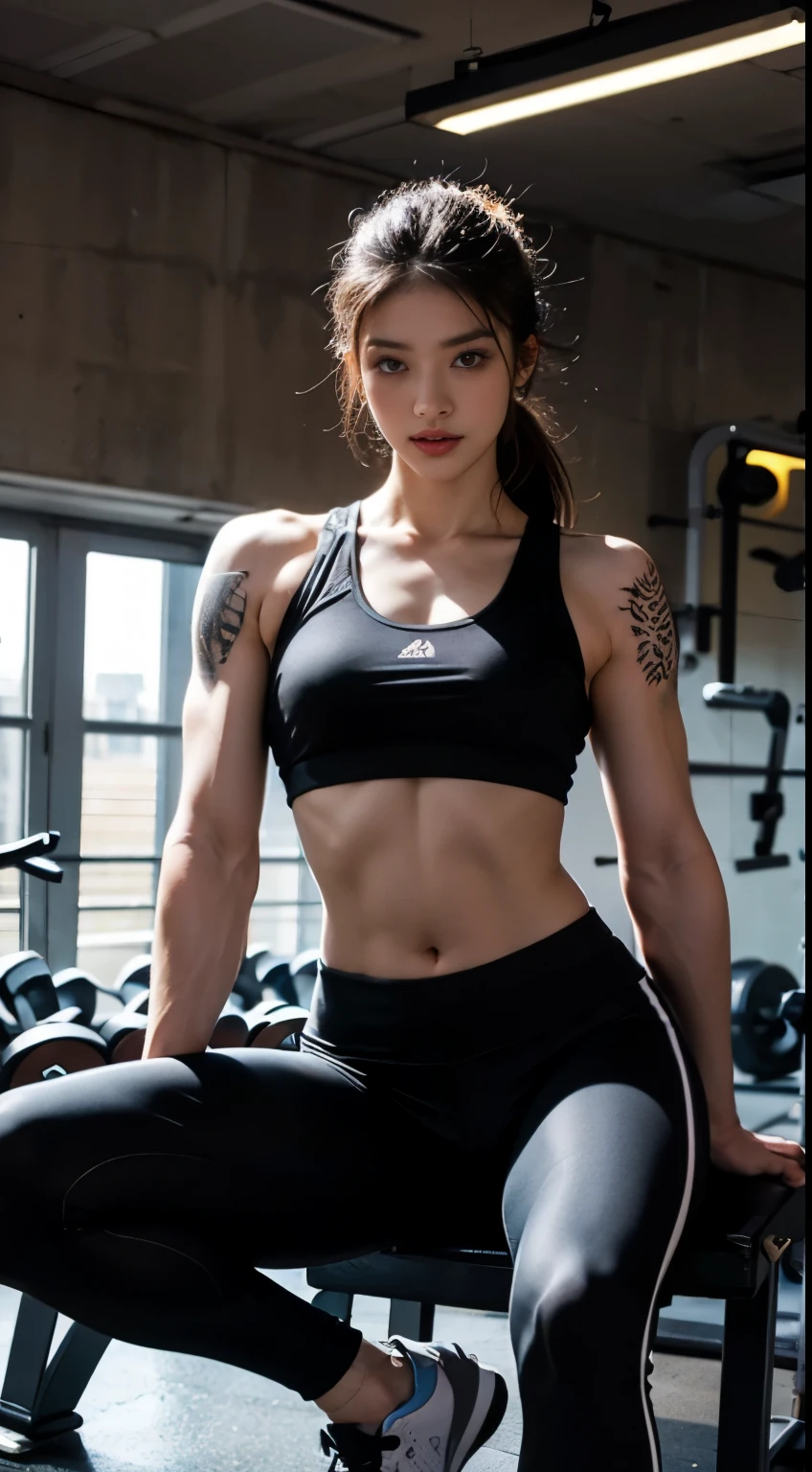 (top quality)Pose like a bodybuilder in the gym、(((front double biceps)))、Detailed sportswear girl、spread your legs、Wearing sporty and sophisticated leggings、Emphasizes abdominal muscles、The chest tattoo adds a cinematic feel to the scene under black tattoo lighting，Improves the overall atmosphere。((black tattoo))