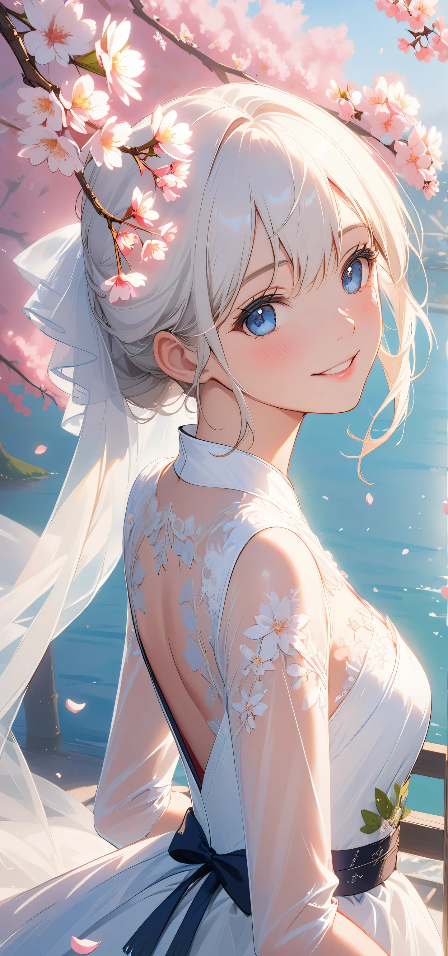 masterpiece, top quality, Super details, 8K, Detail lights, Detailed shadows, raw, (delicate skin), (real: 1.2),, 1 girl, white hair, Wedding dress，Eye close-up，Cherry blossoms，flat chest，Smile，Positive face，Face the screen