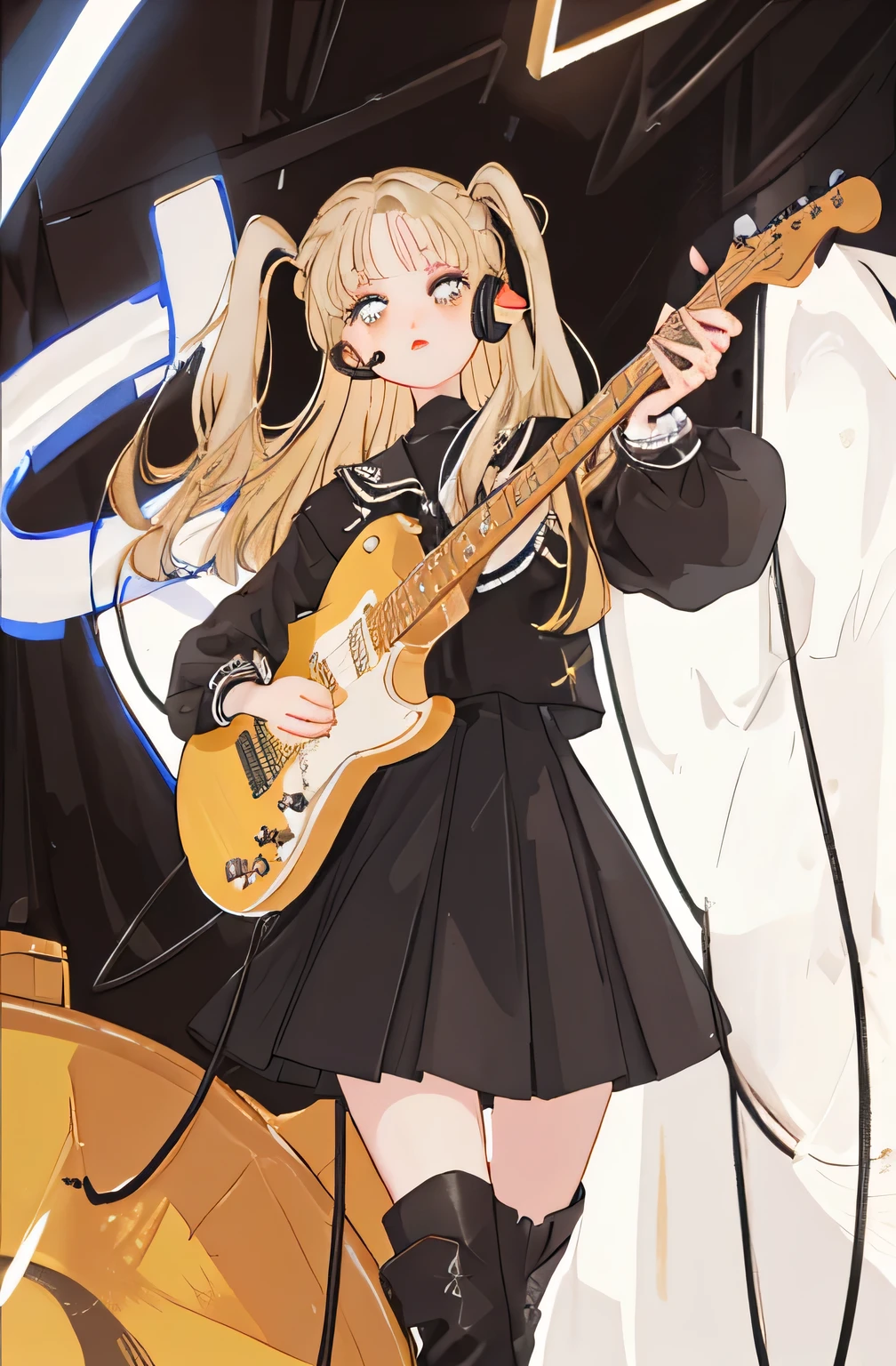 ((1girl)), ((cinematic light)), colorful, hyper detail, dramatic light, intricate details, best quality, (extremely detailed CG unity 8k wallpaper, masterpiece, best quality, ultra-detailed, best shadow), (detailed background:1.4), (beautiful detailed face, beautiful detailed eyes), High contrast, (best illumination, an extremely delicate and beautiful),(girl:1.5), solo, black skirt, brown eyes, electric guitar, guitar, headphones, holding, holding plectrum, instrument, long hair, music, one side up, blonde, playing guitar, indoors ((caustic)), dynamic angle,beautiful detailed glow,