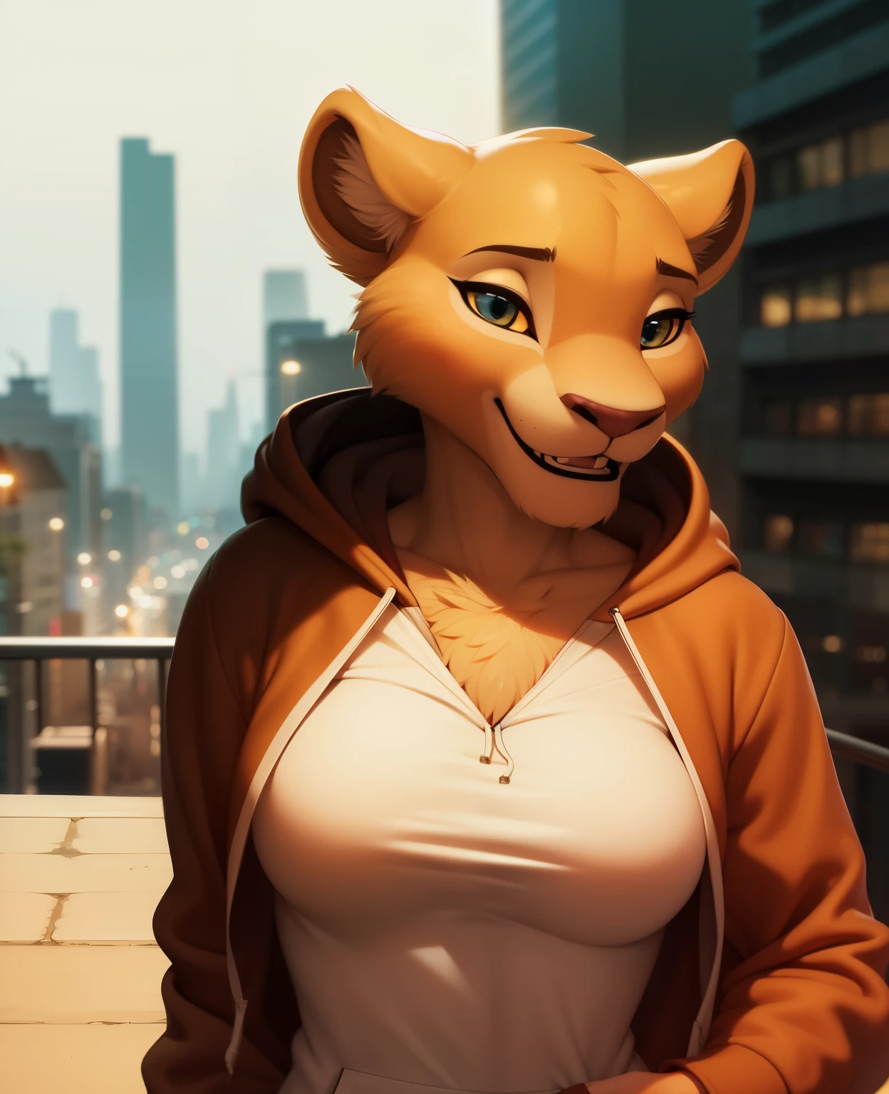 nala, furry female anthro, lion girl, portrait, close-up,  (hoodie:1.2),  hood up, solo, (body fur:1.2), (best quality), (detailed urban background:1.2), dramatic lighting, (detailed fluffy fur:1.1), looking at viewer,  closed mouth, small breasts, hands on hips