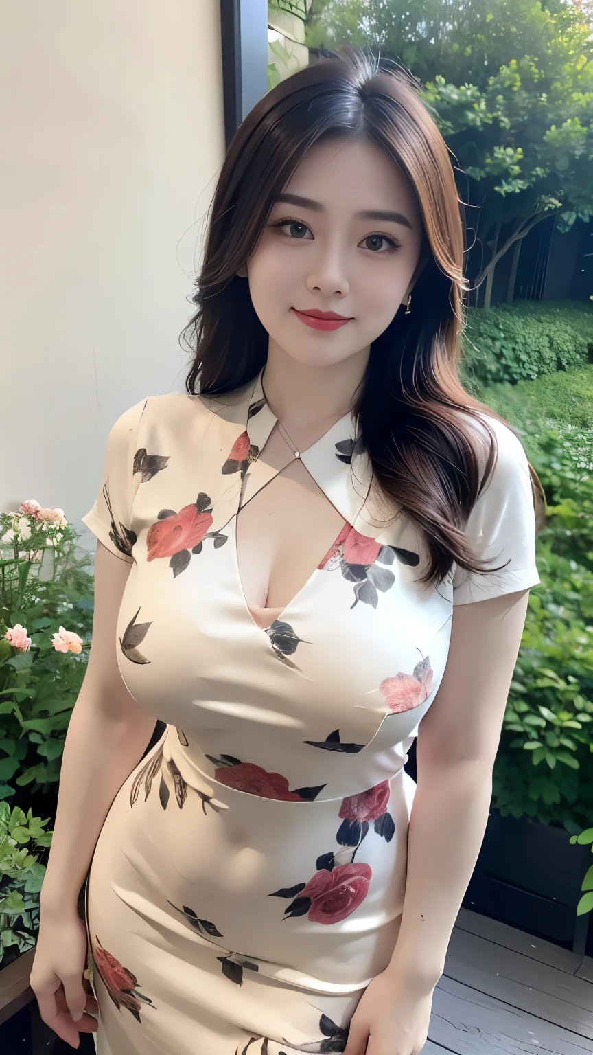 Draw lips correctly, red lipstick, from chest up, best quality, super detailed, lifelike, Ultra-fine skin, perfect anatomy, (1 Japanese Mature woman), (alone)，Wear floral green high-end round neck dress，short sleeves，wavy long hair，27-year-old woman，Mature，charming smile，garden background，stand，Chubby face， Hair tied into a ponytail，The body is a bit fat，medium bust，full-body shot