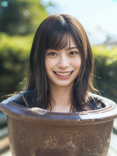 (masterpiece,best quality,photo-realistic:1.2),highres, (high detailed face), (high detailed skin), (Japanese young adult woman's head in a pot, cute face, neck:1.5), (face in front, looking at viewer:1.3), shooting with 35mm lens, ((smile)), (fine-textured skin:1.5), dark hair, outdoor, garden, daytime, sunny, cinematic lighting, soft lighting, 