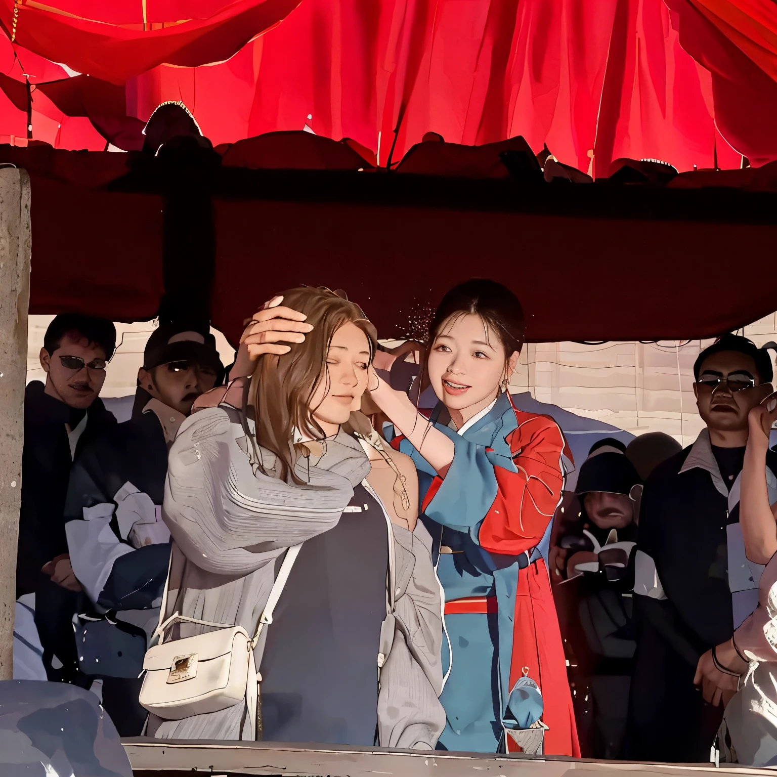 people are standing around a red tent with a woman combing her hair, lady, master, youtube video screenshot, woman holding another woman, trending ，, Chiba Yudai, 4 0 9 6, family, festival, chinese woman, trailer, Hungry Ghost Festival, live, 4 8 0 p, 480p