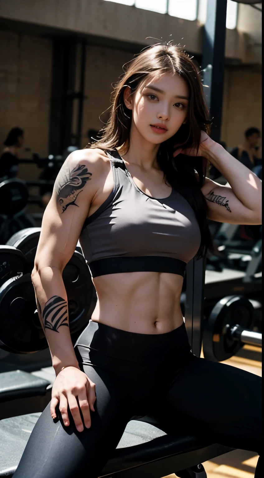 (top quality)Pose like a bodybuilder in the gym、(((front double biceps)))、Detailed sportswear girl、spread your legs、Wearing sporty and sophisticated leggings、Emphasizes abdominal muscles、The chest tattoo adds a cinematic feel to the scene under black tattoo lighting，Improves the overall atmosphere。(((black tattoo)))