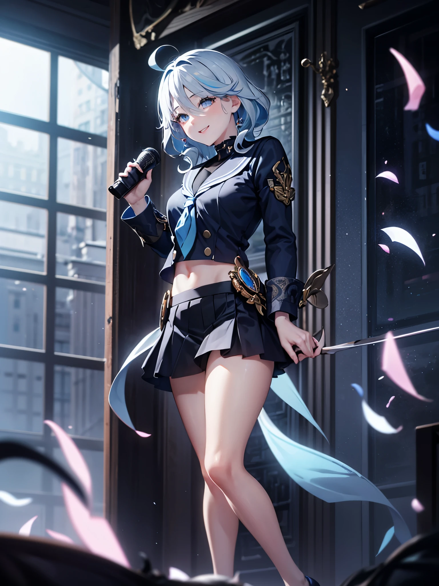 deep skin,textured skin, blue eyes, short light blue hair, smiling,
BREAK  (serafuku, sailor collar, green neckerchief, grey shirt, long sleeves, black skirt:1,2)
BREAK (masterpiece:1.2), best quality, high resolution, unity 8k wallpaper, (illustration:0.8), (beautiful detailed eyes:1.6), extremely detailed face, perfect lighting, extremely detailed CG, (perfect hands, perfect anatomy),