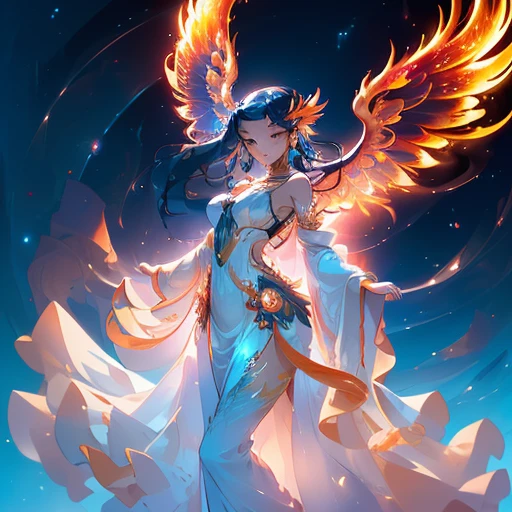 A glittering phoenix soars majestically across the vast and deep blue sky, its fiery plumes contrasting beautifully with the tranquil background. Behind the magnificent bird, a stunning young woman, aged 22, is depicted with full, ample breasts (size F). Her face is calm and gentle, adorned with a serene smile that exudes openness and warmth. Her arms are spread wide, inviting one to bask in the beauty of the moment and the world around them. A halo surrounds her figure, visible from behind, adding a mystical and sacred aura to her captivating presence. The phoenix's radiant feathers shimmer and reflect the morning