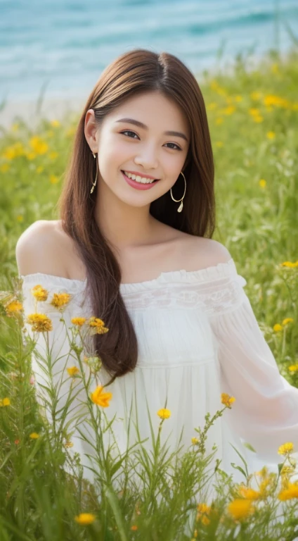 1 girl, hairpin, earrings, jewelry, brown hair, looking at the audience, lips, playful, Sit in front of the artboard, , thigh, whole body, In the sea of flowers or on the beach, She wore a long white dress, Slightly sideways, Hands stroke long hair, gentle eyes, Smile, As if enjoying the beauty of nature, Such photos will definitely make people feel her beautiful and innocent aura. The tone of the photo can be predominantly natural, Bright and soft, Makes people feel warm、peaceful. It seems to dance with its surroundings. Her breath is full of life and vitality, as if her whole body is venting the energy of youth. The whole picture becomes vivid because of her presence, Make people feel endless joy and vitality.