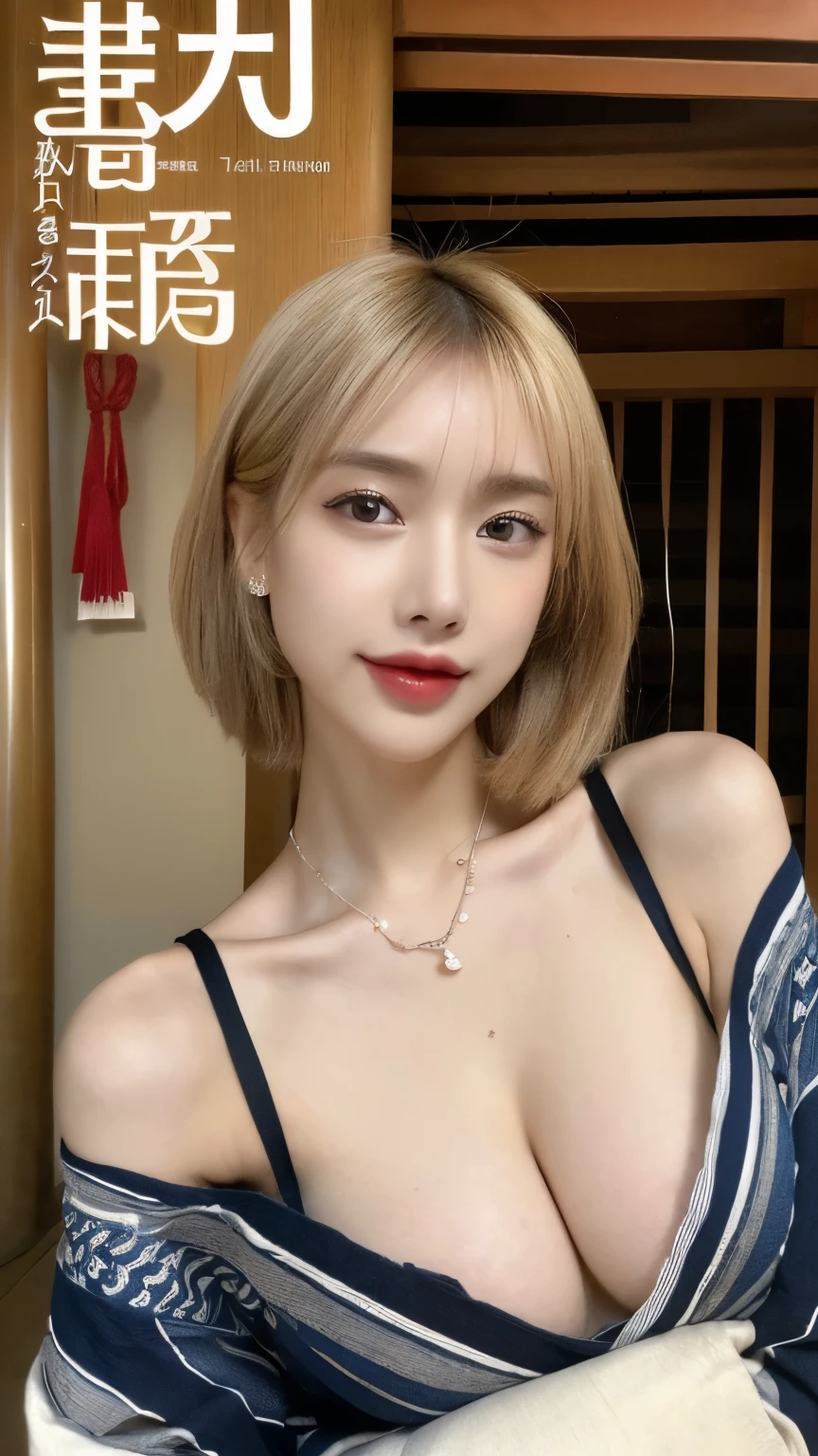 ((Best quality, 8k, Masterpiece :1.3)), 1girl, beautiful woman with emphasis on slim abs: 1.3, (casual hairstyle, big breasts: 1.2), hyper realistic skin detail, ultra-detailed face, delicate eyes, double eyelids, soft breasts, smile, beauty moles in breath, diamond choker necklace, jewely, exposed cleavage, her face, realistic, detailed skin, extreme light and shadow, wearing yukata Japanese summer festival, wearing hair ribbon best quality, (in japanese shrine:1.5), (realistic, photorealistic: 1.37), extreme light and shadow, disheveled hair, master work, rich details, (highest quality photo), (masterpiece), (detailed eyes), look in front of you eyes, incredibly cute under eye moles, necklace, earring best quality, Japanese woman, large breasts, very short bob hair,upper body, A beautiful woman with perfect body:1.4, Slim abdomen:1.2,st. louis \(luxurious wheels\), perfect anatomy, Slim Abs: 1.1, ((geisha style is cover the allure of Japanese Oiran Kimono style, with its intricate designs, rich symbolism, and historical significance, influencing modern fashion and inspiring artists globally)), ((sideboob)),(underboob), sitting down, hands behind head, big breasts,(naked), fingers spreading open, underpants,((naked)), open legs, sweat skined:1.2, outdoor, blonde hair,