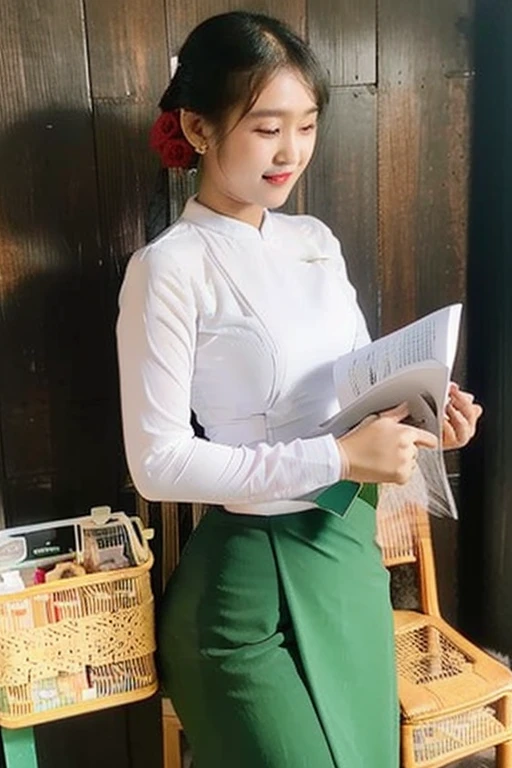 there is a woman standing in a green skirt and white shirt, nivanh chanthara, wearing traditional garb, traditional dress, wearing headmistress uniform, traditional clothes, wearing authentic attire, in style of lam manh, white shirt and green skirt, nuttavut baiphowongse, student, 30 years old woman