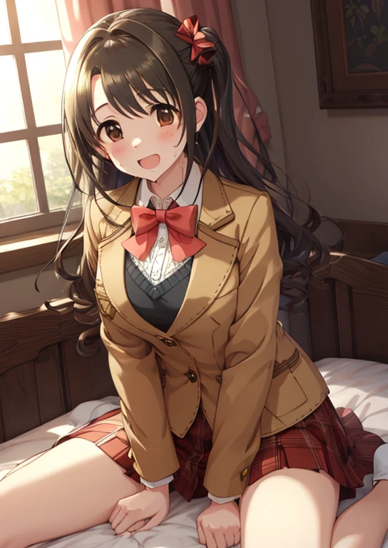 Shimamura Uzuki  (Idol Master), (highest quality, 8K, masterpiece, Super detailed:1.2), (Lens flare, particles of light, shine), big breasts, smile, open your mouth, masterpiece, highest quality, Super detailed, High resolution, Very detailed CG, , red bow tie, blazer, brown jacket, long sleeve, plaid skirt, red skirt , ((NSFW)), perfect body,sexy, panty shot,((M-shaped spread legs)), (spread your legs),raise your legs, embarrassing:1.3), (blush:1.3), (orgasm:1.5), open your mouth, (shout:1.3), (moving line:1.1), Sweat, heavy breathing, Expansion Division,  penis, sex, sex with men, {{amazon location}}, lie, Bedroom, white sheets, pillow, masterpiece, highest quality, Super detailed, High resolution, Very detailed CG, official art