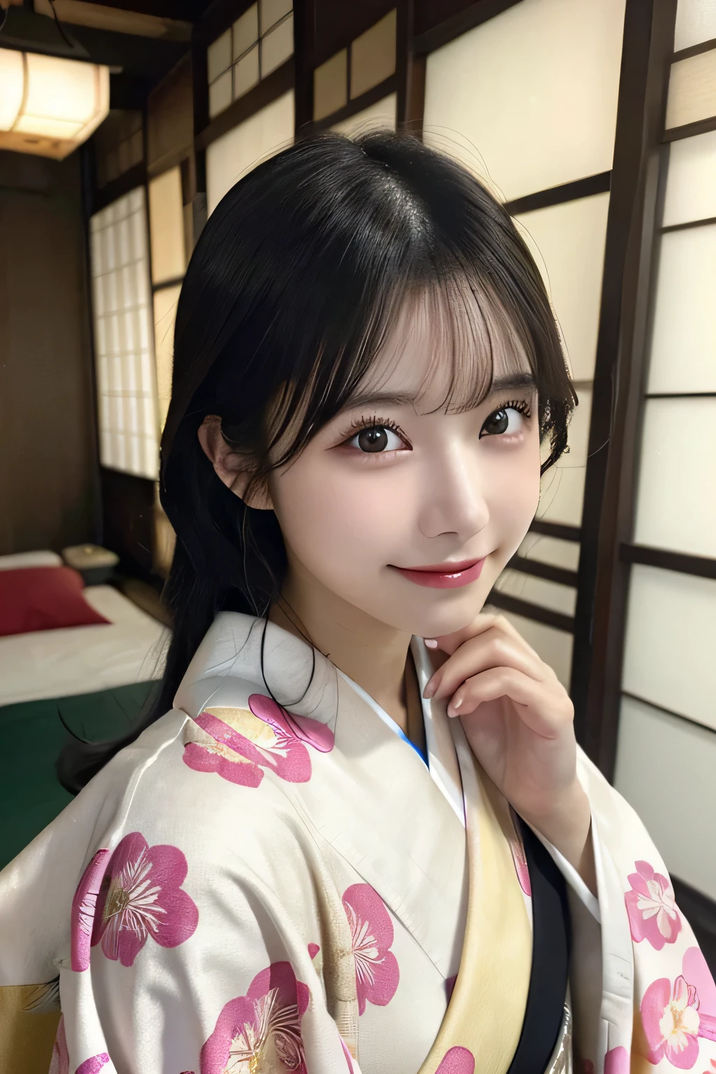 (kimono)、((18-year-old))、random pose、(highest quality,masterpiece:1.3,超A high resolution,),(super detailed,caustics),(Photoreal:1.4,RAW shooting,)ultra-realistic capture,very detailed,High resolution 16K human skin close-up、 Natural skin texture、、Skin looks even-toned and healthy、 Use natural light and color,1 girl,Japanese,,cute,black haired,middle hair,,smile,,(Depth of the bounds written、chromatic aberration、、wide range of lighting、natural shading、)、
